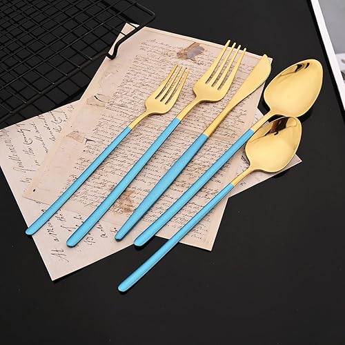 Miniatura 40 de JASHII Juego de cubiertos delgados de 20 piezas, acero inoxidable 18/10 con chapado en oro de titanio, juego de cubiertos de mango blanco, incluye