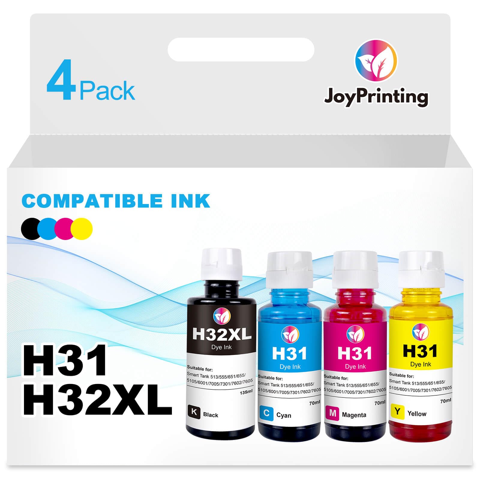 JoyPrintingJoyPrinting Compatible HP 31 32XL Ink Bottle Set Compatible with HP Smart Tank 7301 7602 7001 5000 5101 6001 5102 5103 651 551 455 457 450 Printer (135 ML 32XL Black Ink 70 ML 31 CMY)