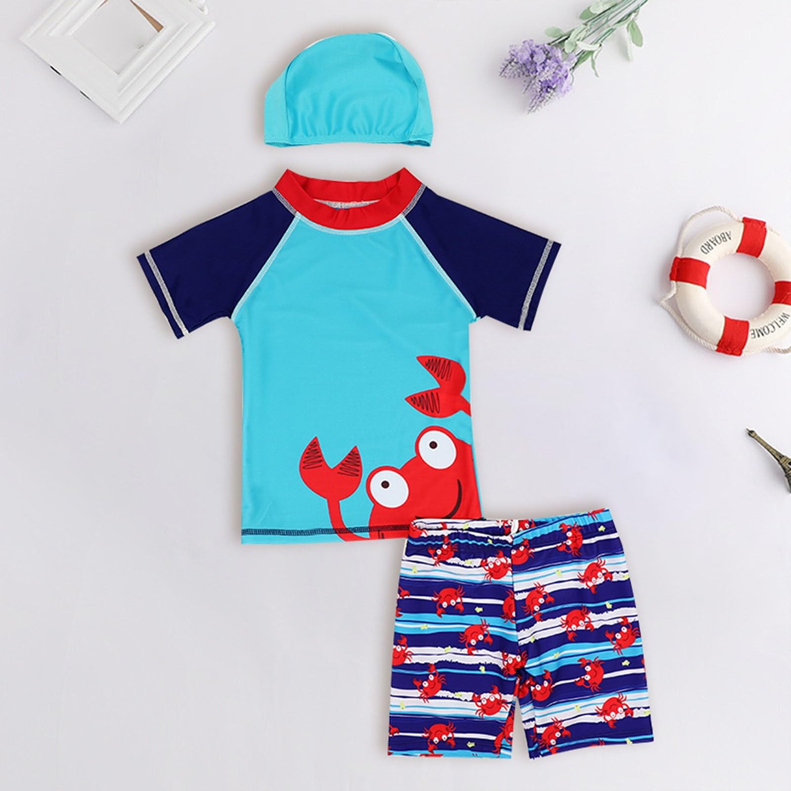 Maillots De Bain pour Bébés,Une Pièce À Manches Courtes Maillots De Bain avec Fermeture Éclair Maillot De Bain Bebe Garcon UV Manches Courtes, avec Capuchon De Protection Solaire
