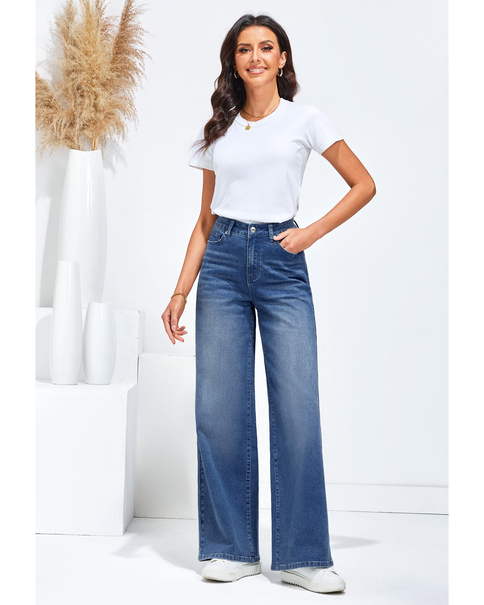 Roskiky Jean large pour femme, avec taille haute et poches, stretch, pantalon baggy années 1990