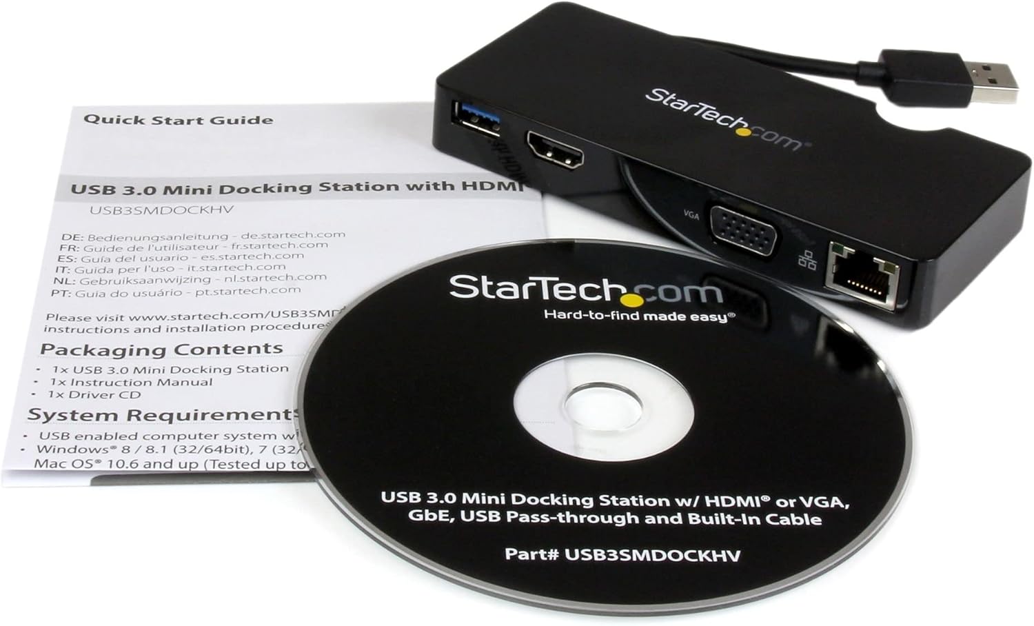 StarTech.com USB 3.0 to HDMI or VGA Adapter Dock - USB 3.0 Mini Docking Station w/USB, GbE Ports - Portable Universal Laptop Travel Hub (USB3SMDOCKHV), Black