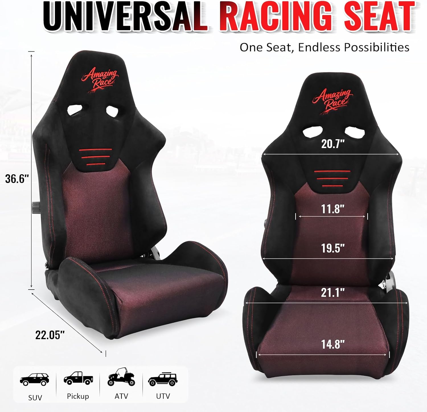 IKON MOTORSPORTS, 2-Pack Black & Red Racing Seats, Reclining Bucket Seats with Lumbar Support, Ergonomic Sport Seats with Suede & Breathable Mesh for Car, Truck, SUV