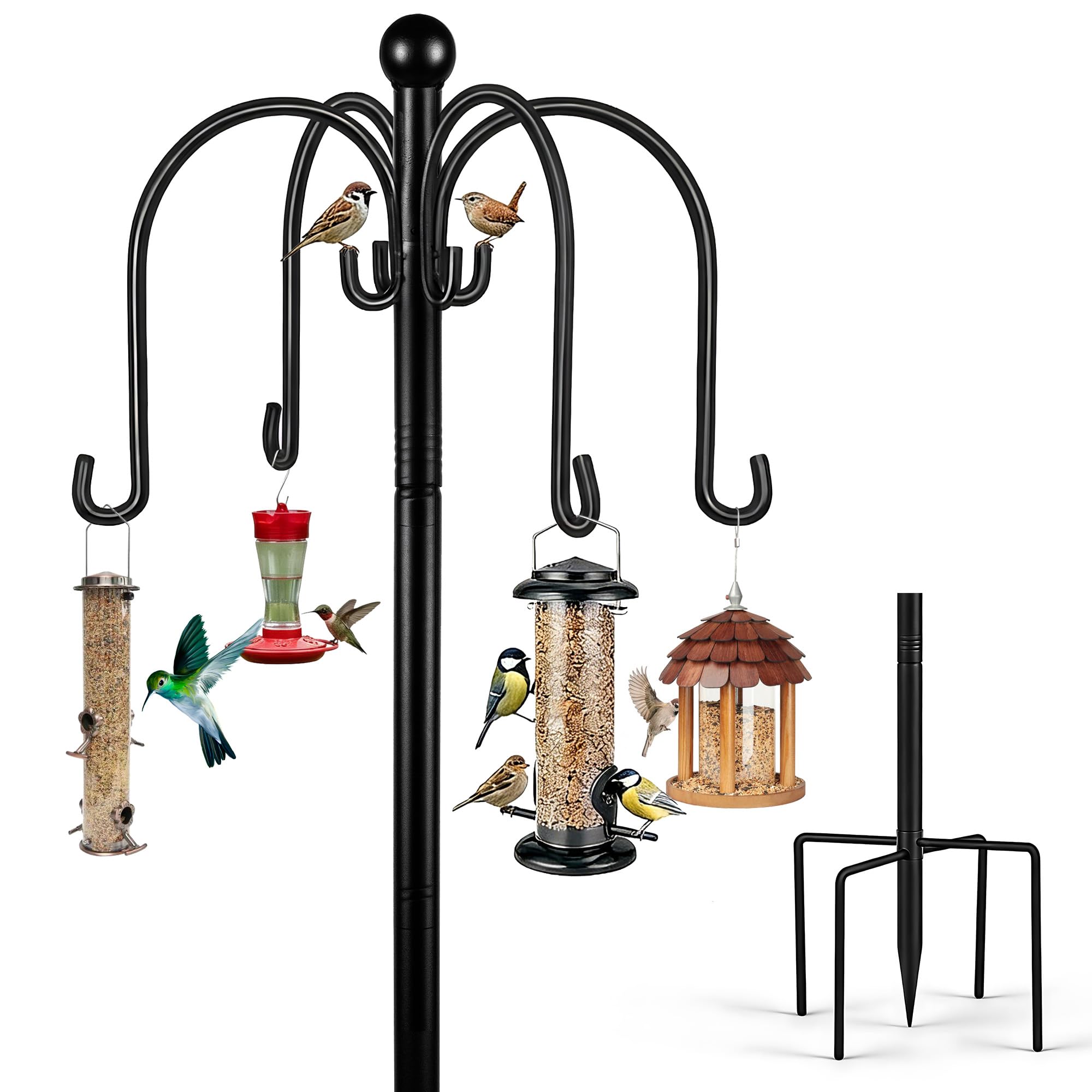 Bird Feeder Hanging Station Heavy Duty Metal Wild Bird Feeding Station Stand with 5-Prong Stabilizer Base Multi-Hook Anti-Rust Adjustable Standing Feeder Pole for Garden Outdoors, 224cm/87Inch Tall