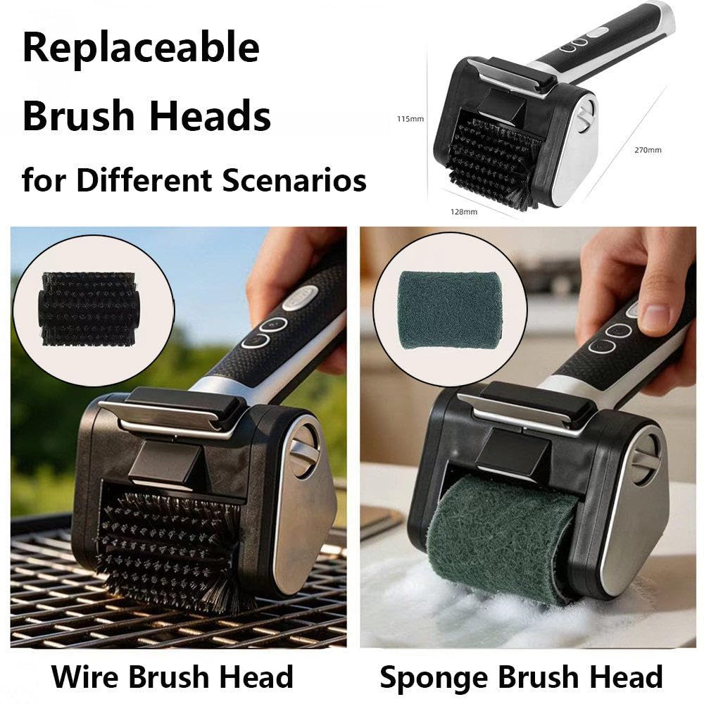 Spazzola Elettrica per Barbecue, Pulitore Cordless con Testina A Spazzola Rotante Sostituibile in Tessuto, Strumento di Pulizia Robusto con Luce LED, per Barbecue da Interno Ed Esterno