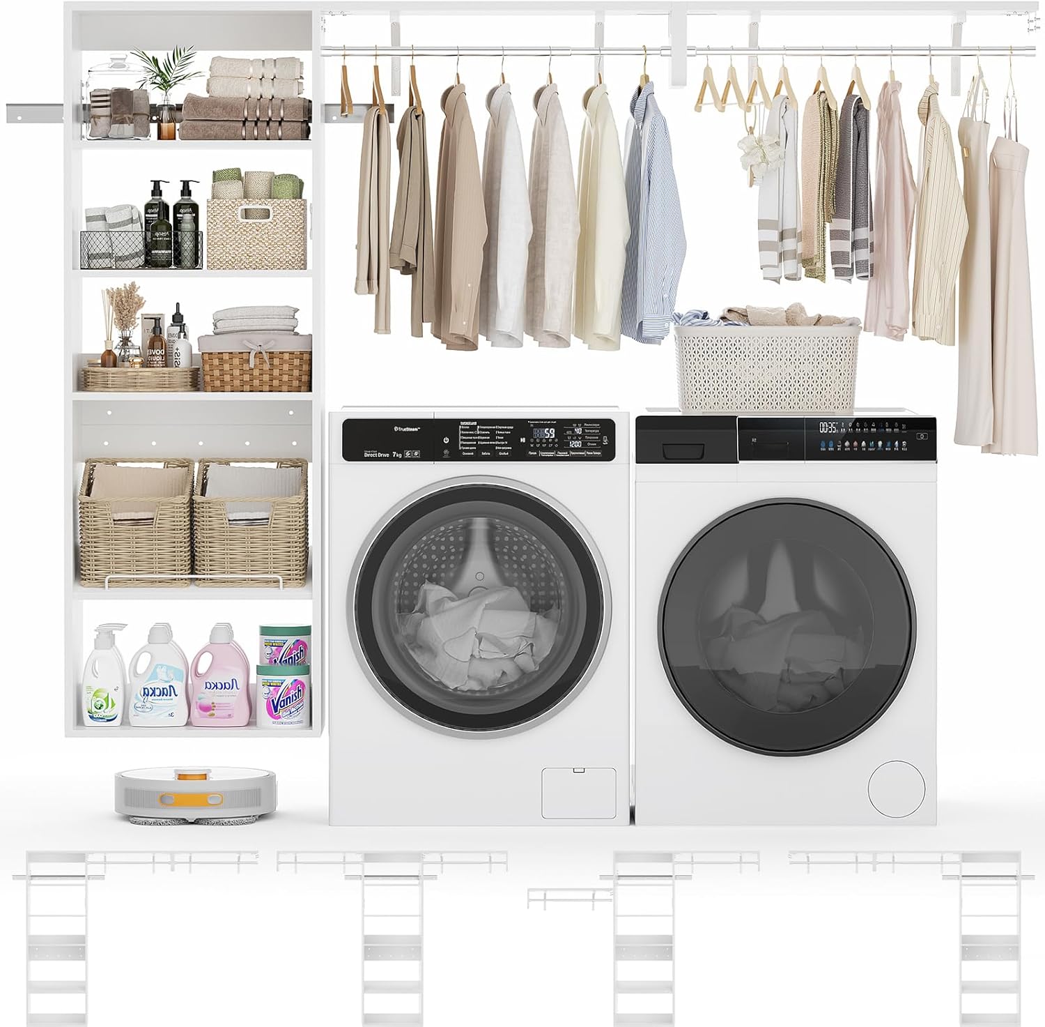 Unikito Over Washer and Dryer Storage Shelf, 8FT Wall Mounted Laundry Room Organizer, Space Saver Clothes Drying Rack with Hanger Rod, Heavy-Duty Closet System with Adjustable Shelves, White Oak