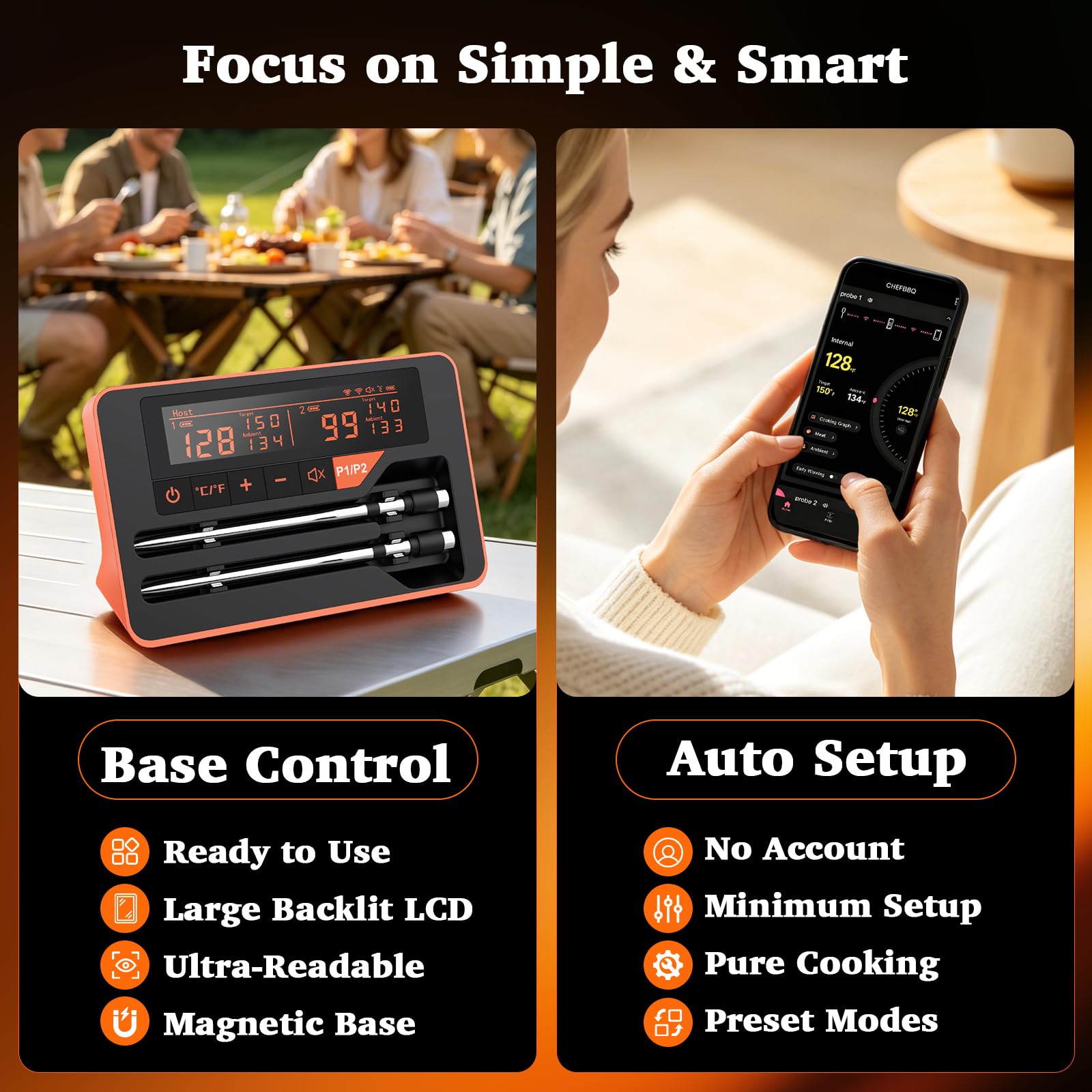 Bluetooth Wireless Meat Thermometer Digital for BBQ Oven Smoker Grill | 800FT Bluetooth Food Thermometer, Standalone Base, 2 Meat Probes, Dual Sensors, NIST Certified Accuracy