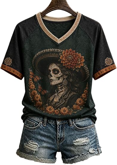 Women's Sugar Skull V-Neck T-Shirt, Floral Day of The Dead Graphic Tee 2