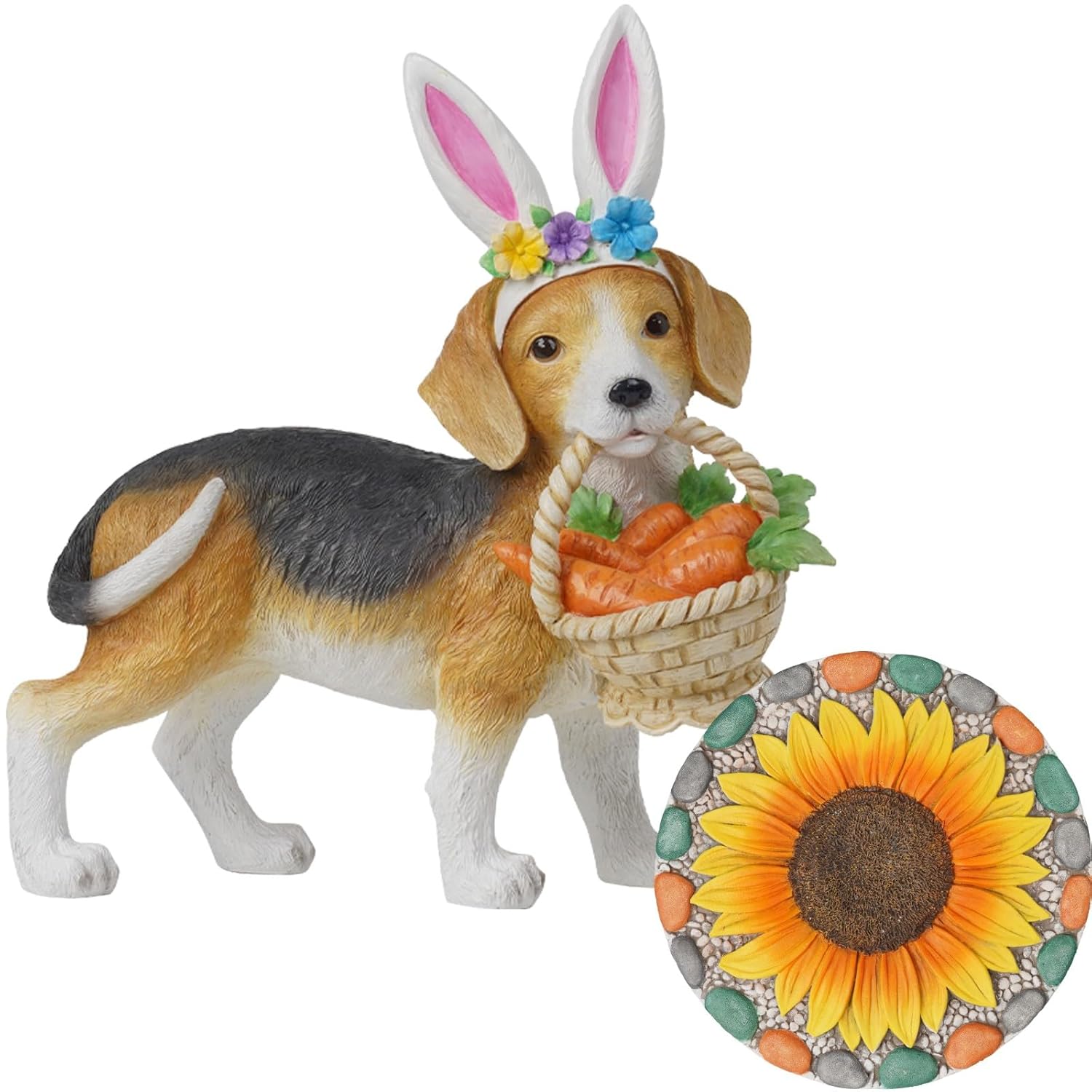 Easter Beagle Garden Statue with Bunny Ears and Sunflower Stepping Stone Outdoor Decor