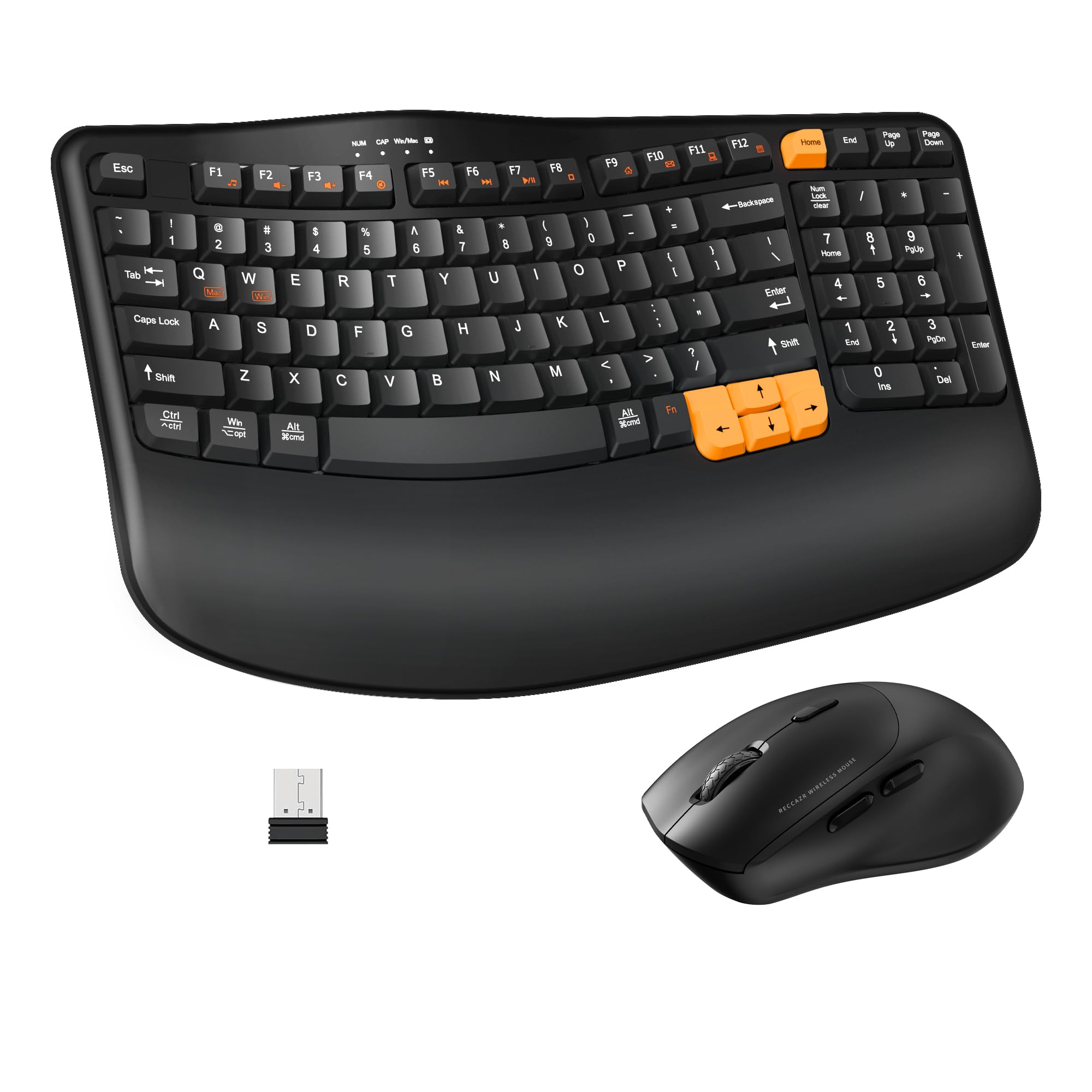 Wireless Keyboard and Mouse Combo, 2.4G Wave Keys Ergonomic Keyboard with Palm Rest and 3 DPI Silent Mouse, Compact Size for Natural Typing, Spill-Resistant, for Windows/PC/Laptop/Mac(Black)