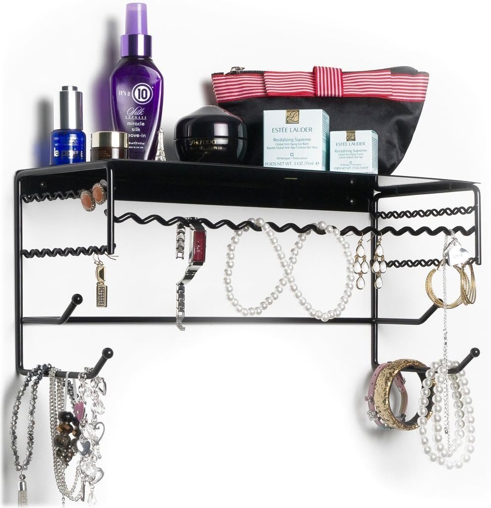 Mango Steam Black 10" Wall Mount Jewelry & Accessory Storage Rack Organizer Shelf for Earrings, Bracelets, Necklaces, & Hair Accessories