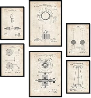Nacnic Set von 6 Plakaten mit Strom 2 Patenten. Plakate mit Retro-Patentabbildungen. Inneneinrichtung im Vintage-Stil. Grösse A4 und A3. Ohne Rahmen.