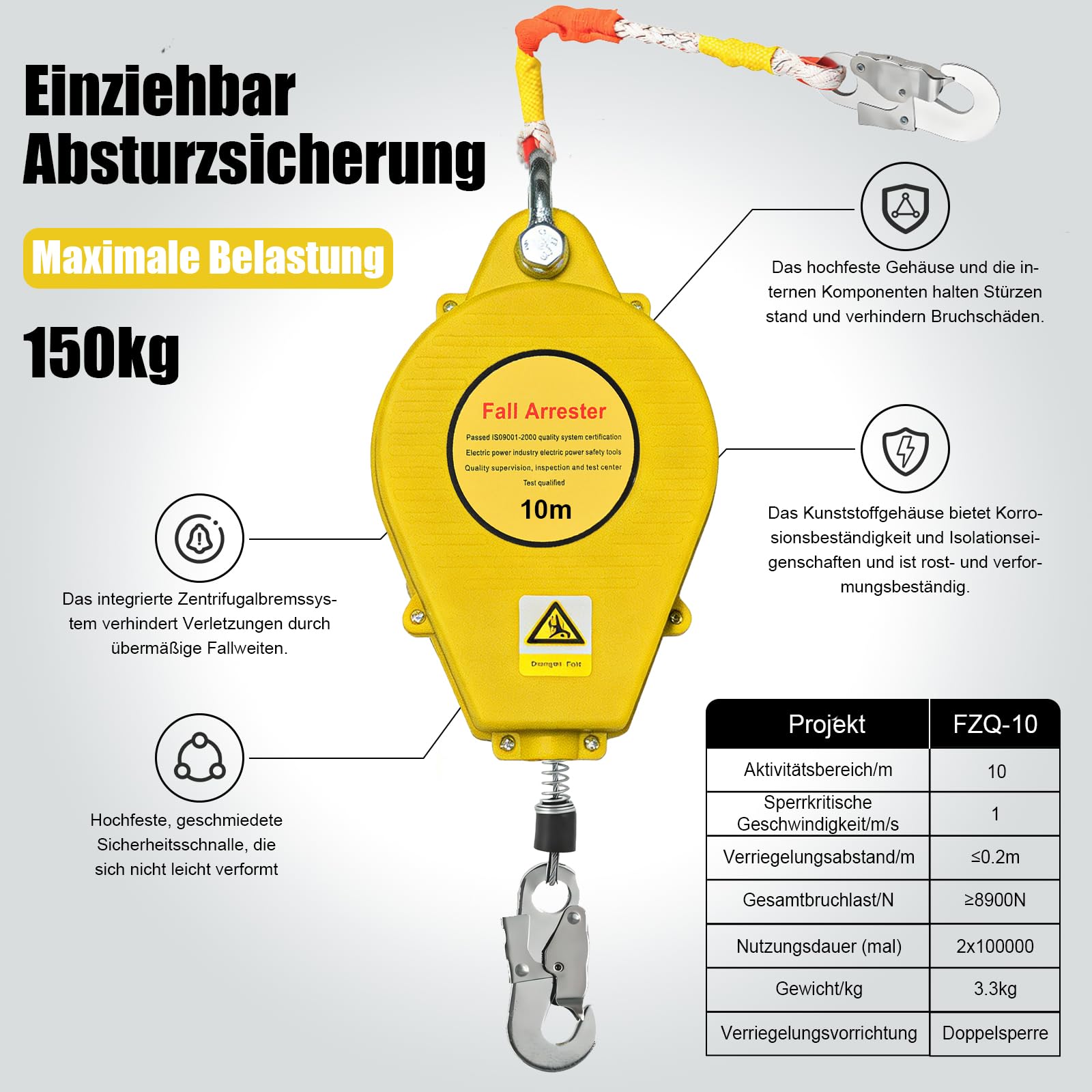 Absturzsicherung Dachdecker, Höhensicherungsgerät Absturzsicherung 3m/5m/7m/10m/15m/20m, Auffanggurt Absturzsicherung Einziehbar mit Selbstsicherndem Haken(Gelb,10m)