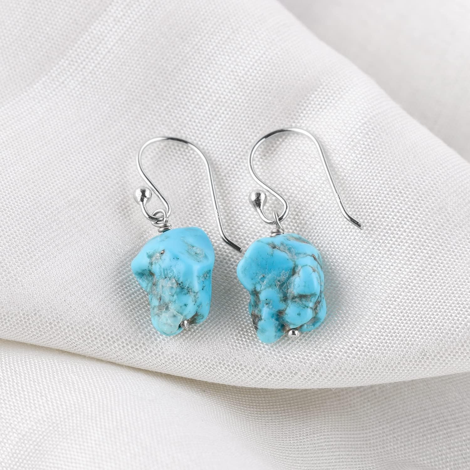 InfinityGemsArt Raw Turquoise Earrings Set Women, Birthstone, Natural Gemstone Rough Pair, Dangle Handmade Jewelry, Chakra Energy Healing Crystals, 925 Sterling Silver