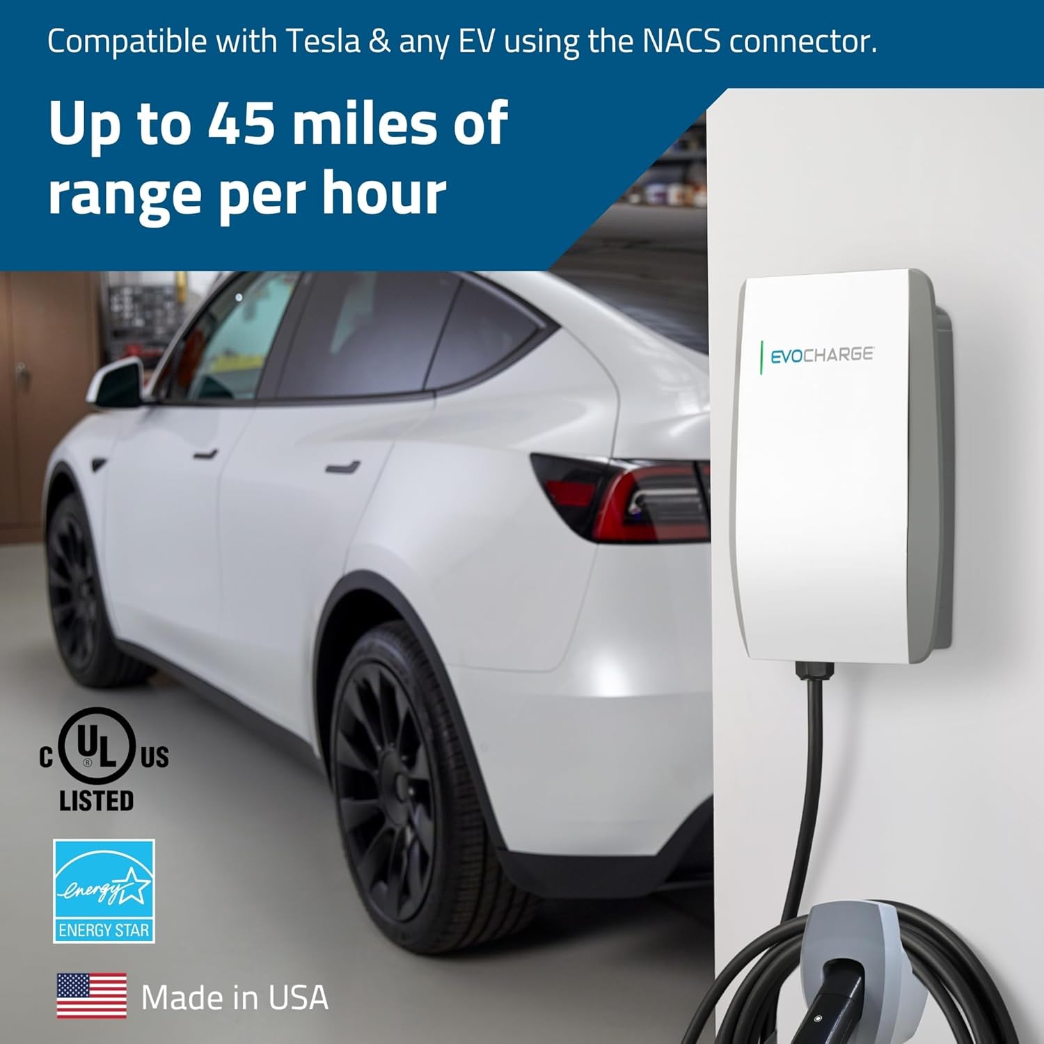 EVoCharge Home 50 charger installed on a wall next to a white Tesla, showing 'Up to 45 miles of range per hour' and UL Listed/Energy Star logos.