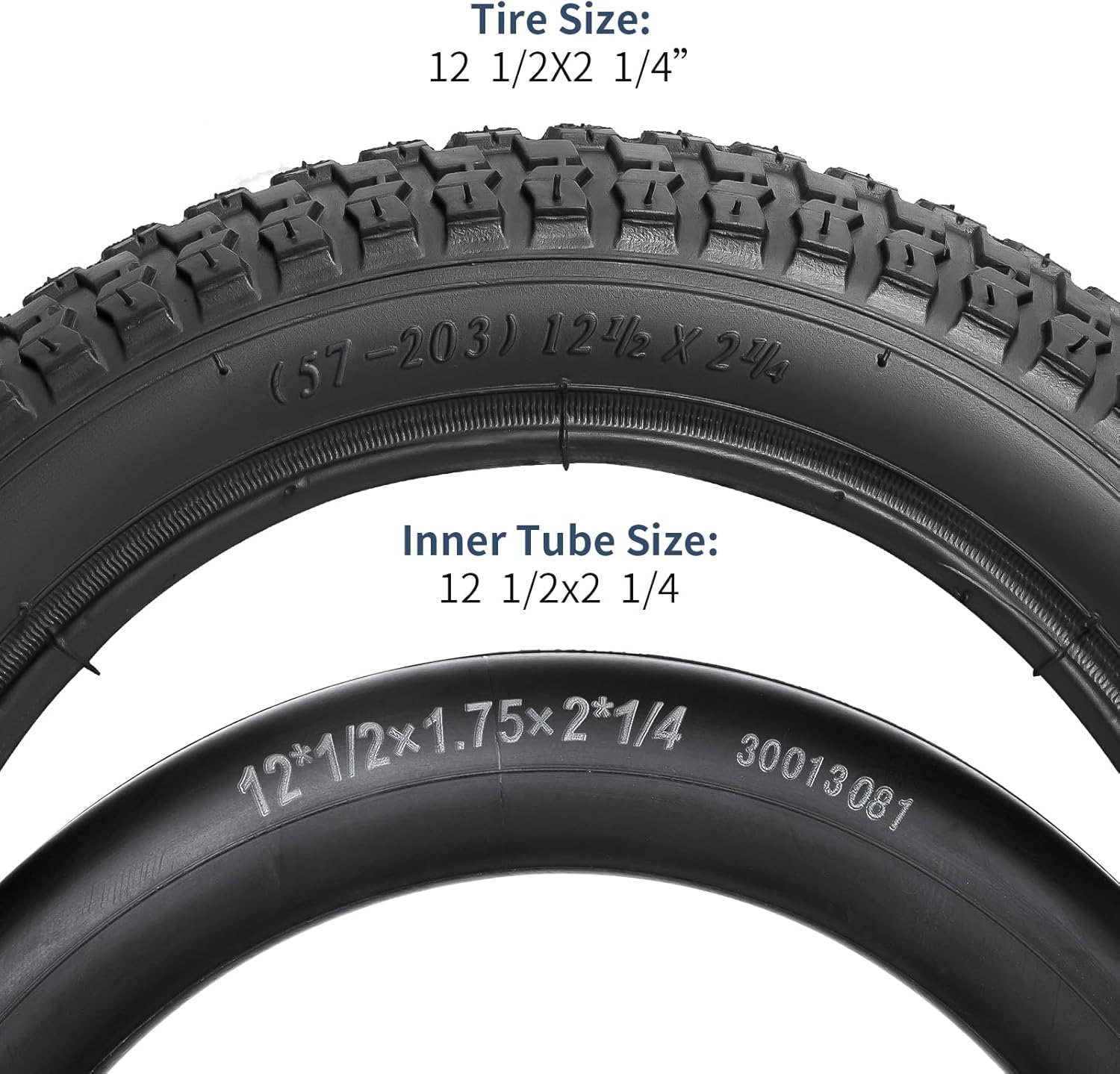 YUNSCM 12 1/2" Bike Tires 12 1/2 x 2 1/4 57-203 and Heavy Duty Tubes 12 1/2x2 1/4 CR202 Angled Valve Compatible with 12 1/2x2 1/4 12.5x2.25 Kid Bike Bicycle Tires and Tubes- 2 Pack (Y-558)