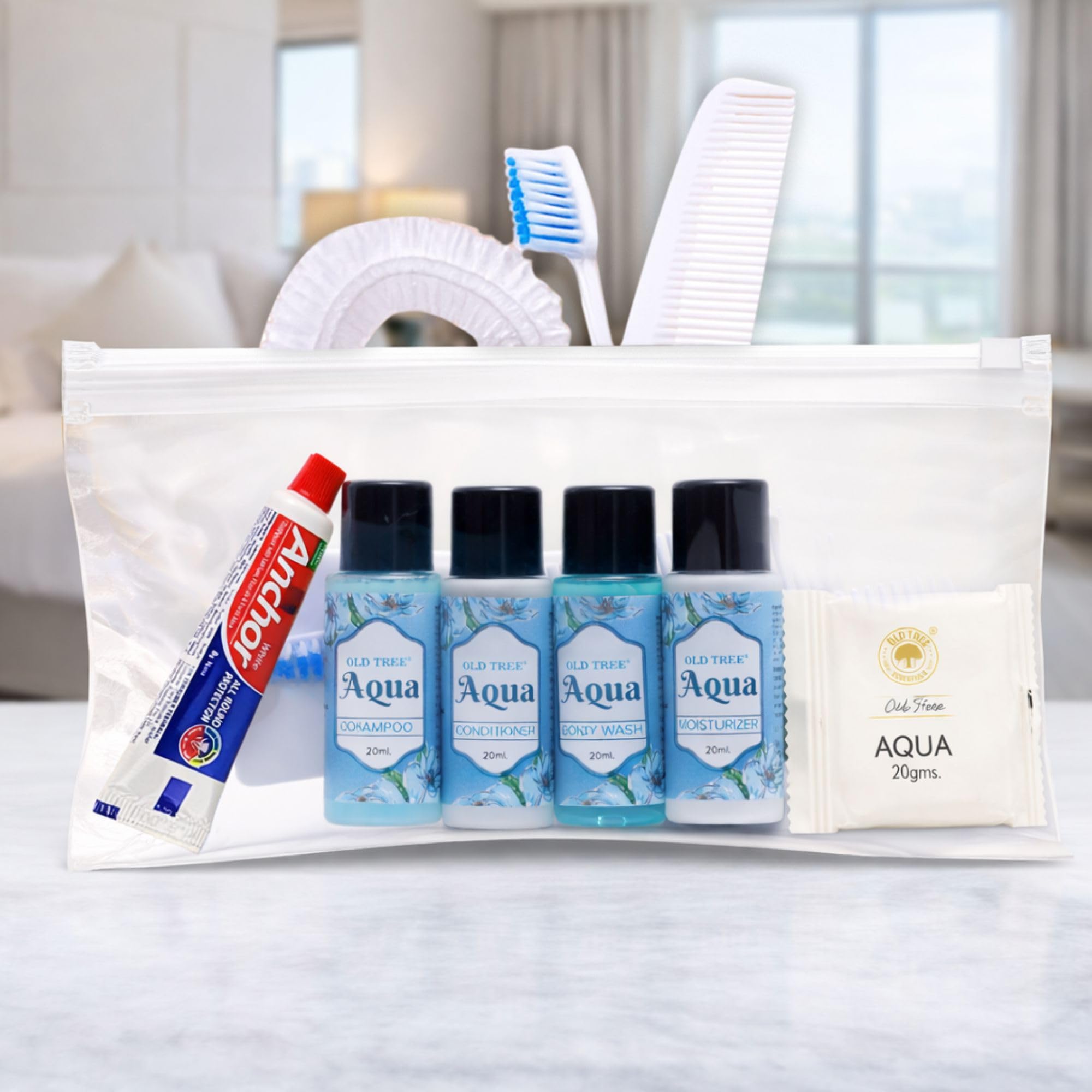 Old Tree Aqua Hotel Toiletries Kit (Pack of 50 Pouch) - Hair, Dental, Body Care Set for Hotel Rooms, Hospital, Spa, Marriage Hall & Guest House - Hotel Amenities Kit