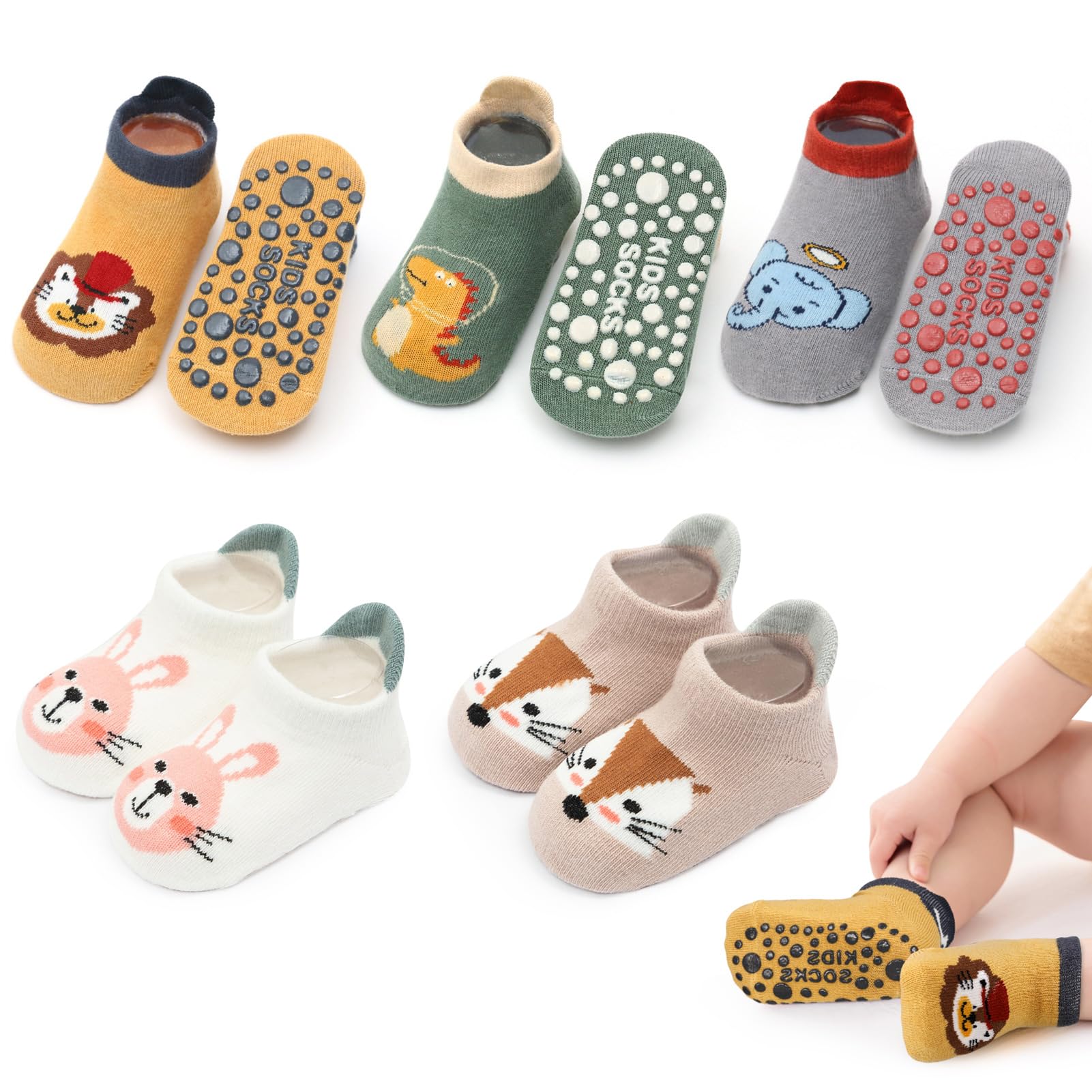 angelikashalala 5 Paar Baby rutschfeste Socken, Anti Rutsch Babysocken with Cartoon Tiermotive für Baby Mädchen Jungen Kinder(1-3 Jahre)