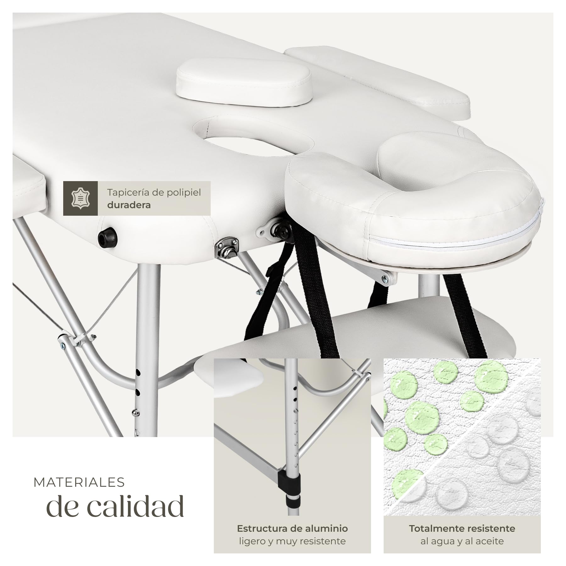 tectake® Camilla de Masaje Plegable de Aluminio, Estética Profesional para Quiromasaje, Tatuajes, Reiki y Fisioterapia - Altura Ajustable, 3 Zonas, con Bolsa de Transporte - Blanco