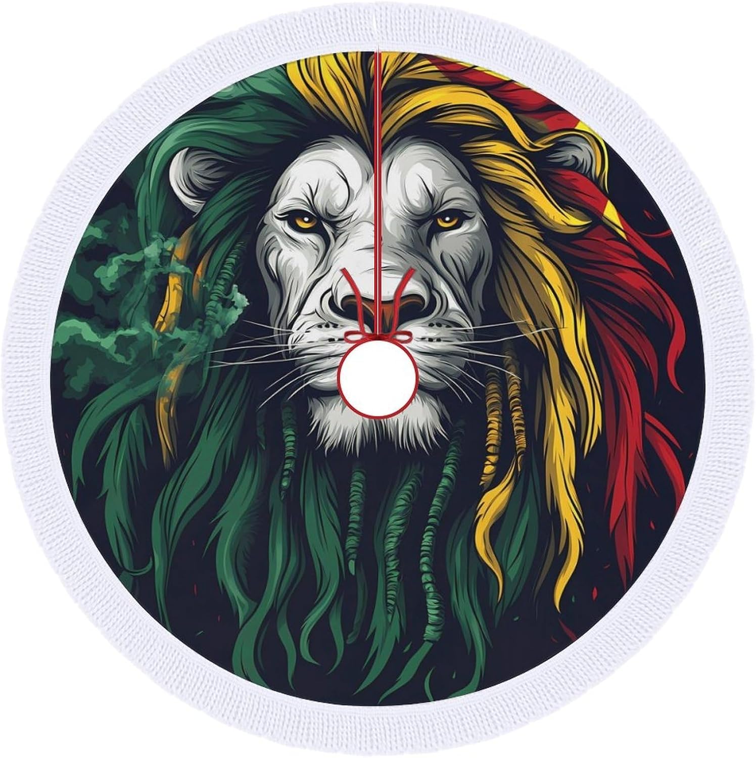 Reggae Lion Smokes Weed Rasta Christmas Tree Skirt Round Xmas Tree Mat Ornaments Tree Skirts with Tassels for Holiday Party