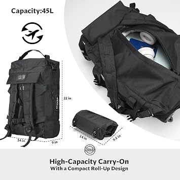 STOVER 45/80/100L Carry-On Rolling Duffel Bag with Wheels, Medium Durable Travel Duffle w/Toiletry Bag, Packable, Foldable with Shoulder Straps- Use as Luggage or Backpack, Men/Women (Black)