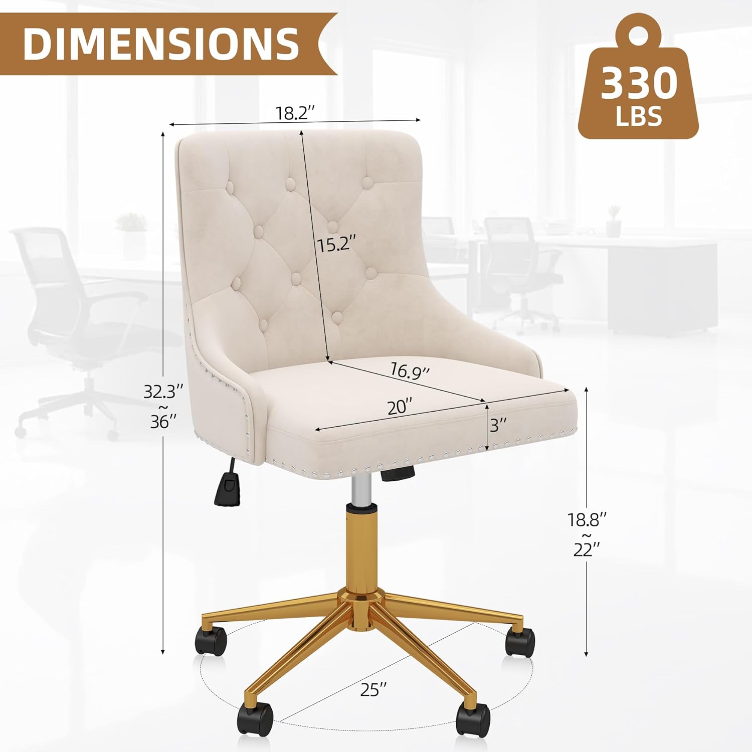 Westice Velvet Desk Chairs, Upholstered Swivel Comfy Makeup Vanity Chair with Tufted Back, Gold Metal Base & Wheels, Height Adjustable Chair for Girls, Bedroom Living Room, Beige
