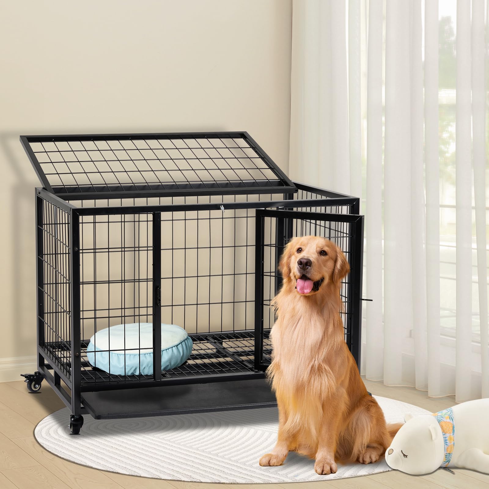 LEADZM Cage pour Chien XL 91x62x70cm – Chenil avec 2 Portes & Roues Verrouillables 360° – Bac en Plastique Amovible et Structure Métal Renforcé Noir