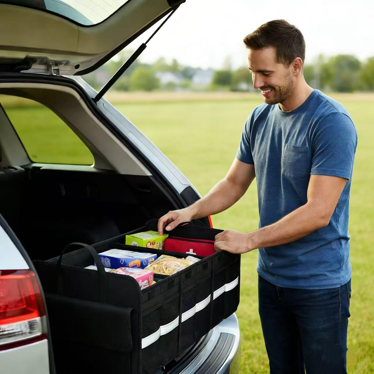 CloudDream Car Trunk Organizer and Storage, 35.4" Large Foldable Cargo Storage with 3 Compartments & 6 Pockets, Waterproof Collapsible Organizer for SUV, Truck, Minivan, Sedan, Auto Accessories