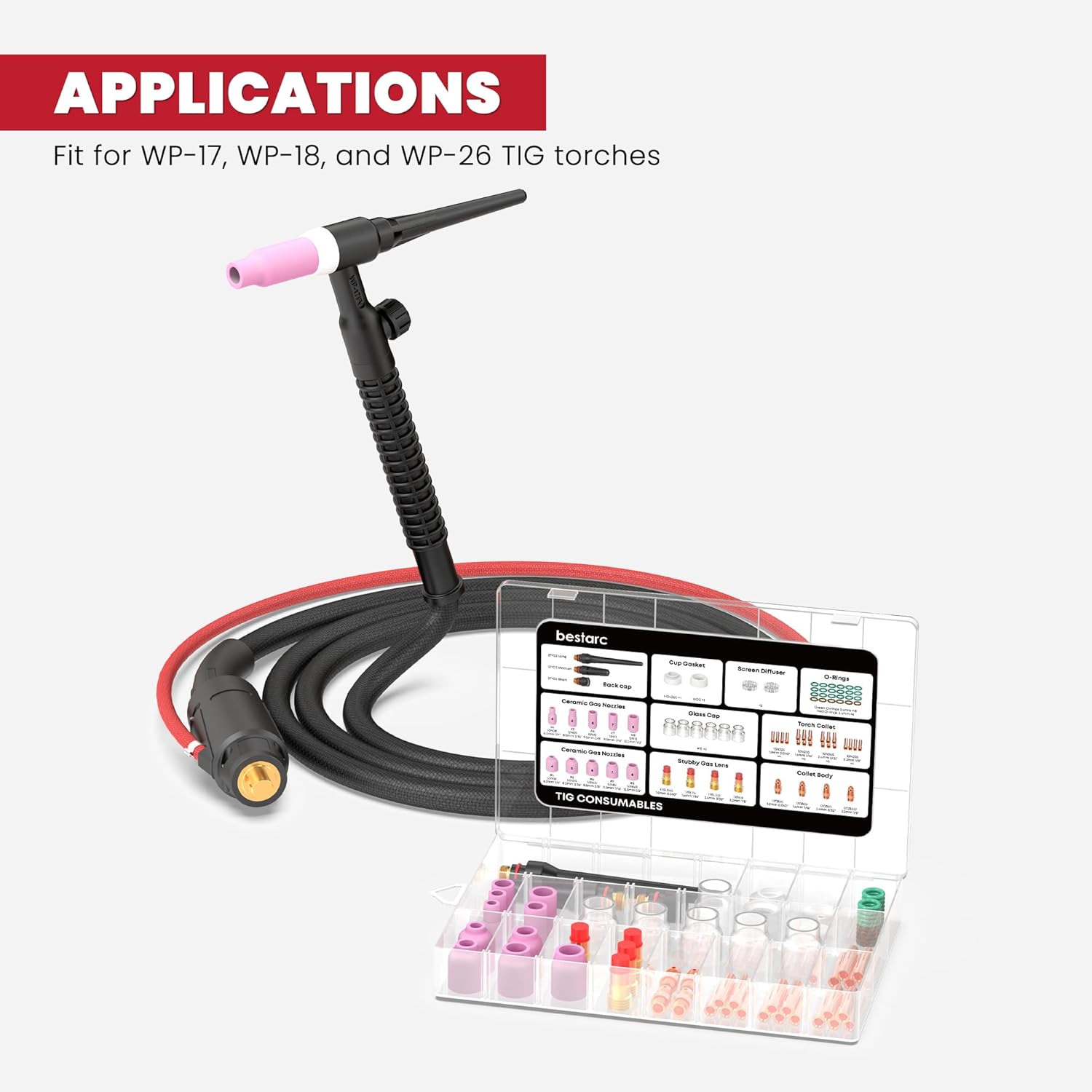 bestarc 75Pcs TIG Welding Torch Accessories, Alumina Nozzle Stubby Gas Lens #12 Glass Cup TIG Torch Kit for TIG WP-17/18/26