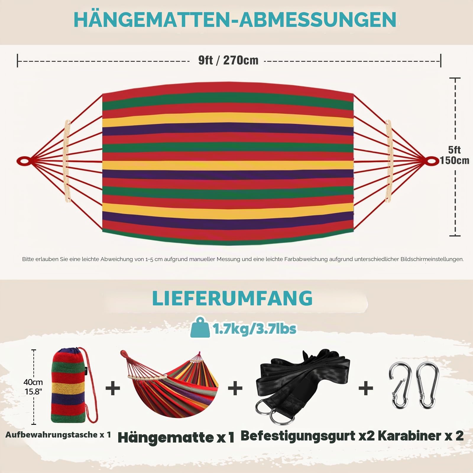 ANYOO Hängematte Garten Langlebige Hängematte mit Abnehmbaren Holzstange,Tragbaren Bequeme Stabhängematte mit Gürtelzubehör Tragetasch für Innen/Draussen Terrasse Garten Strand
