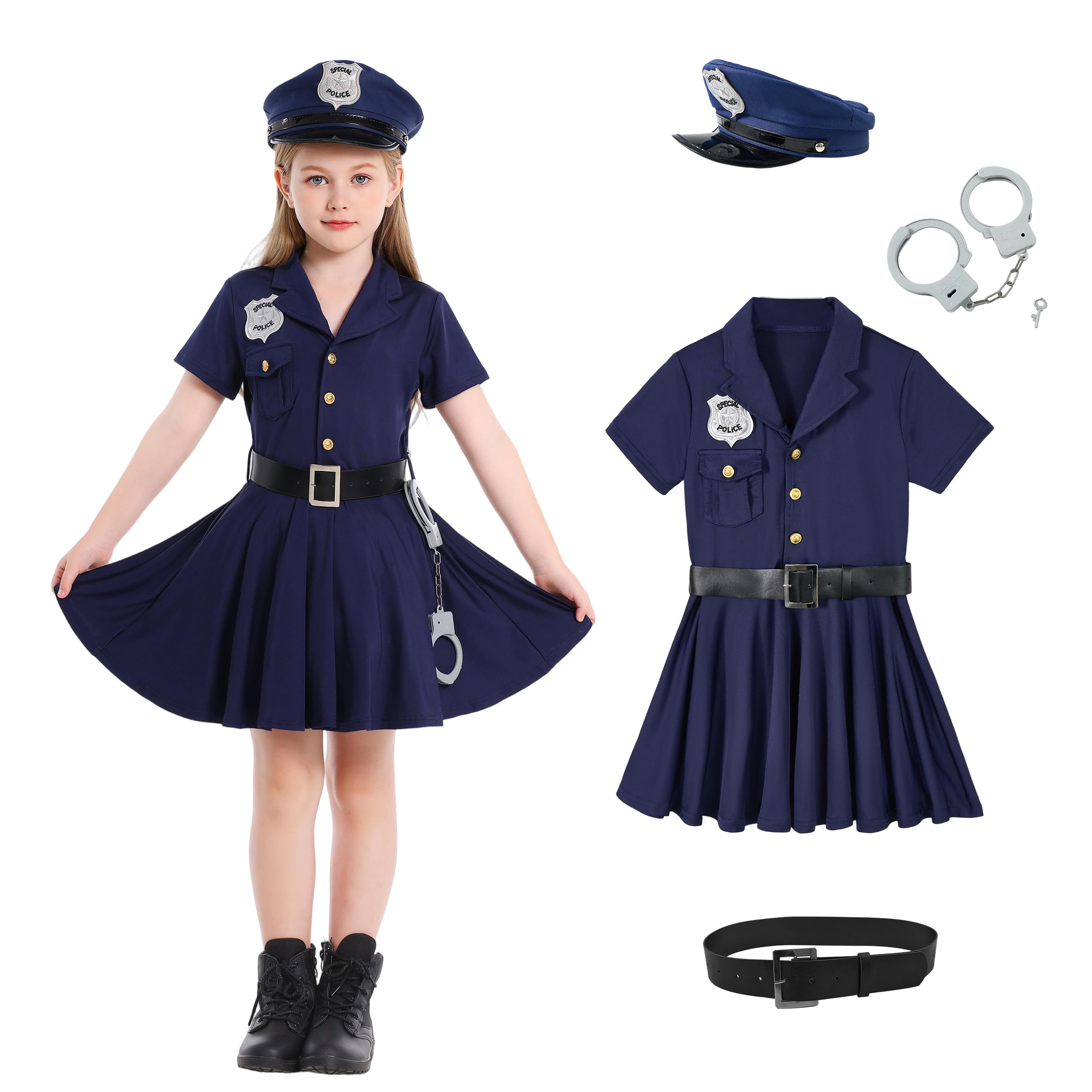 LOLANTA Niños Policía Disfraces Niñas Niños Uniforme Policía Set Carnaval Disfraz Halloween Día Mundial Profesiones Sombrero+Cinturón+Esposas
