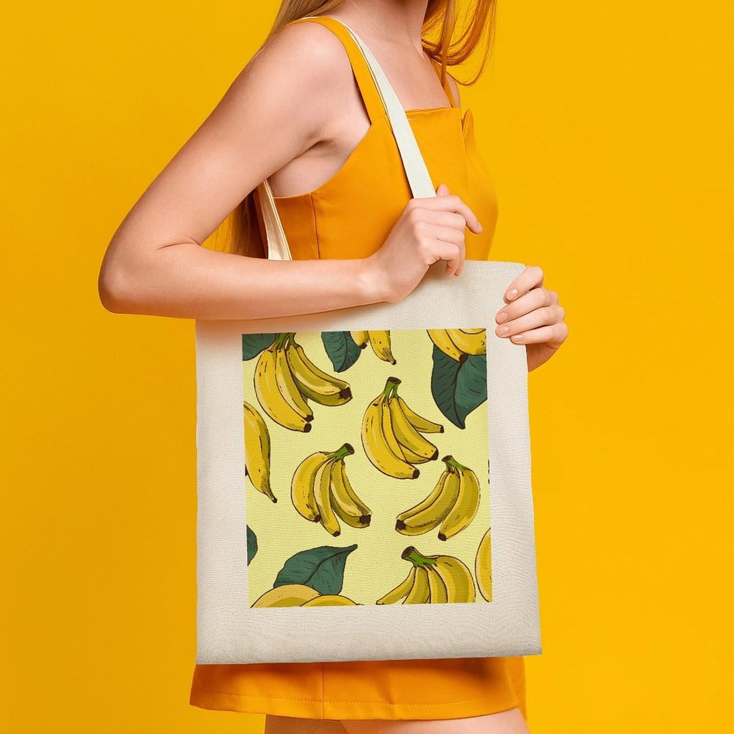 Banana Print Cotton Polyester Blend Canvas Carryall Bag | Banana Print Reusable Fabric Handbag for Grocery Travel Daily Errands Multipurpose Storage Carry Tote