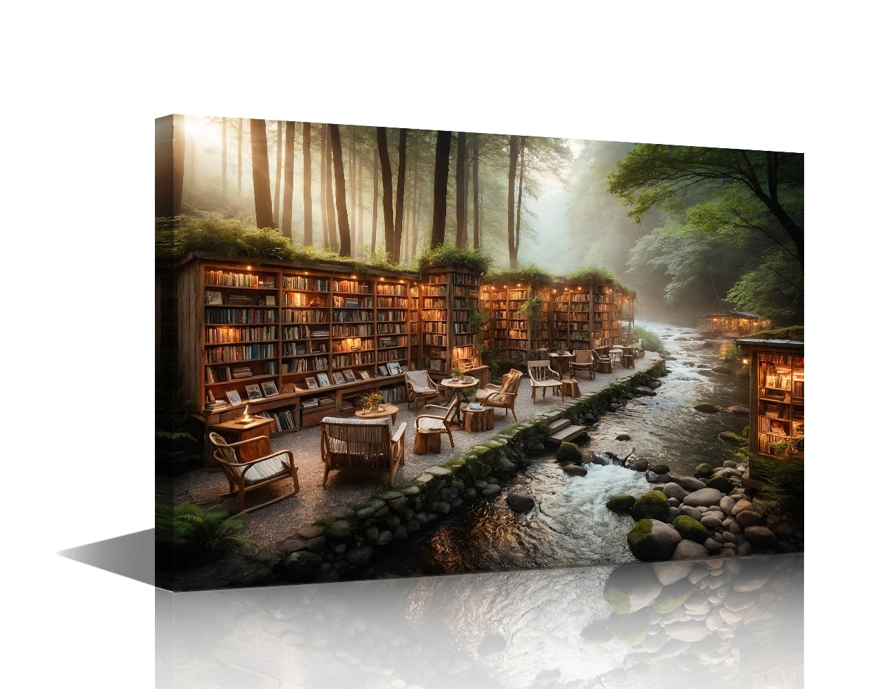 TISHIRON Landscape Painting Canvas Wall Art For Living Room Bathroom Wall Decor for Bedroom Kitchen Artwork Canvas Prints A Library Setup Beside A Sparkling River Framed Office Home Decor 12x18inch