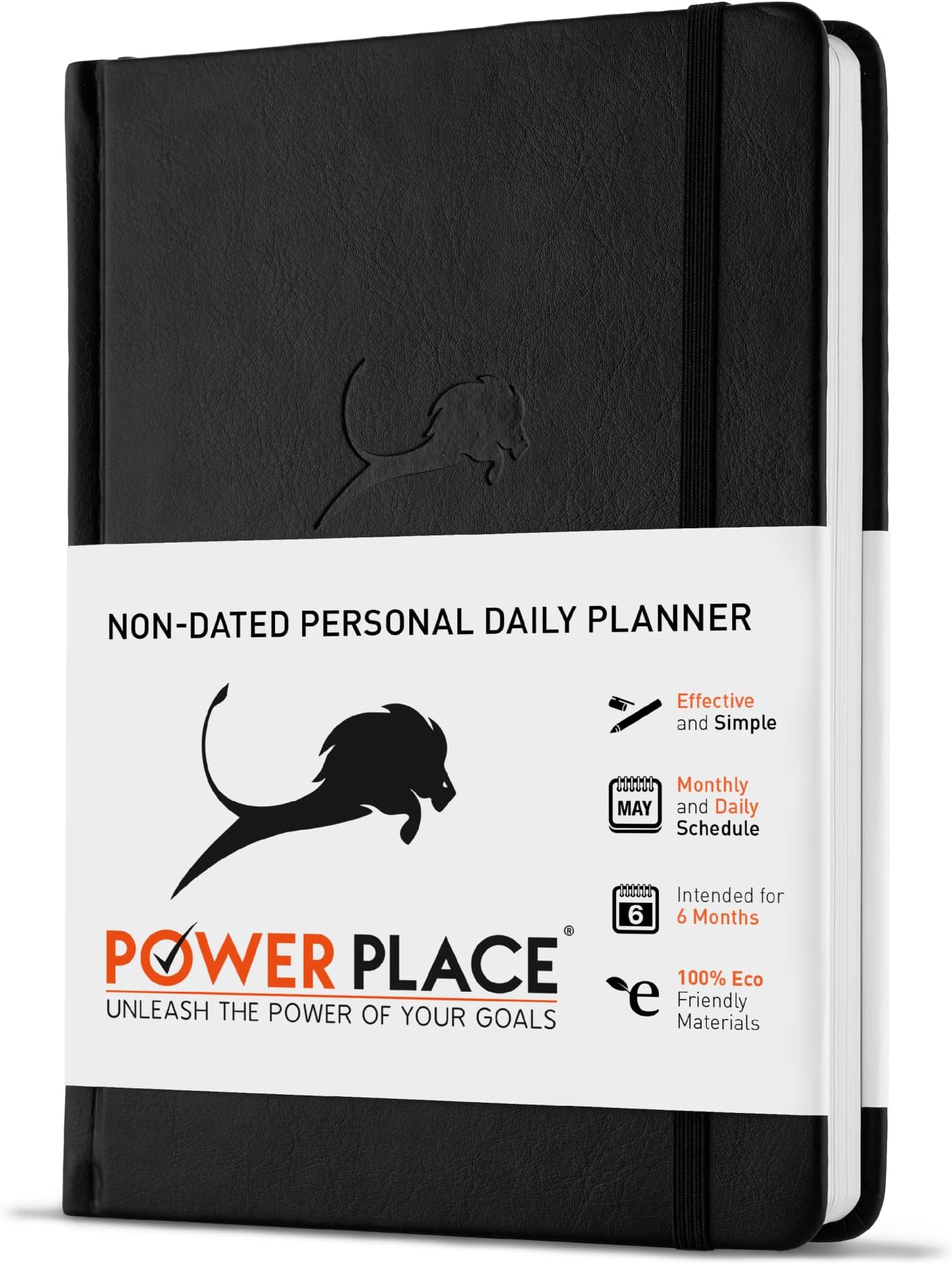 Daily Planner, Calendar & Life Organizer to Improve Time-Management, Productivity & Happiness | Vegan Leather Hardcover Notebook with Blank Dates, Undated 6 Months Hourly Planner for Men & Women, 24 Hour Agenda (Black)