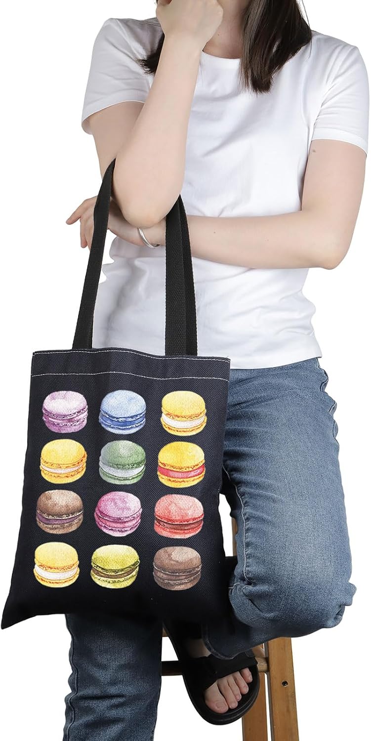 PWHAOO Macaron Lover Gift Macaron Design Tote Bag Macaron Taster Handbag Macaron Foodie Gift French Dessert Lover Gift image 3