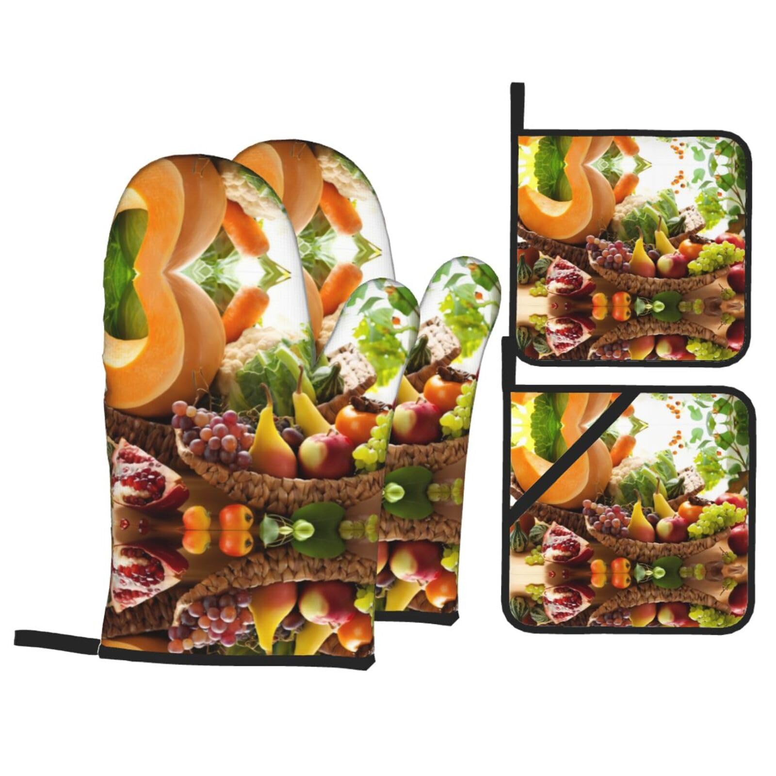 Various Vegetables and Fruit Printed Baking 4-Piece Set, includes oven mitts and a heat-resistant mat, suitable for oven and BBQ use