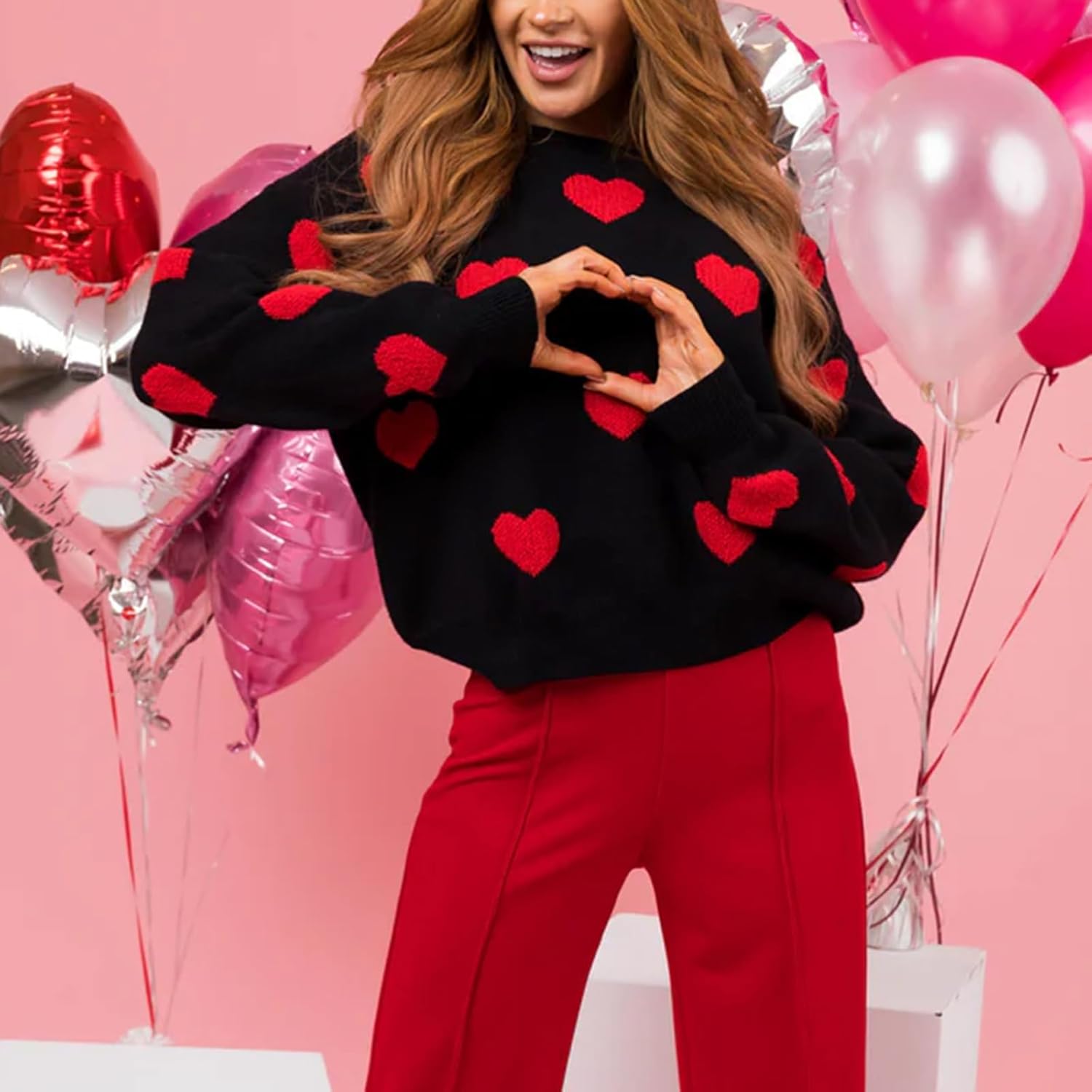 Women's Valentine's Day Heart Print Sweater Loose Crew Neck Long Sleeve Pullover Knit Tops for Date - Image 4