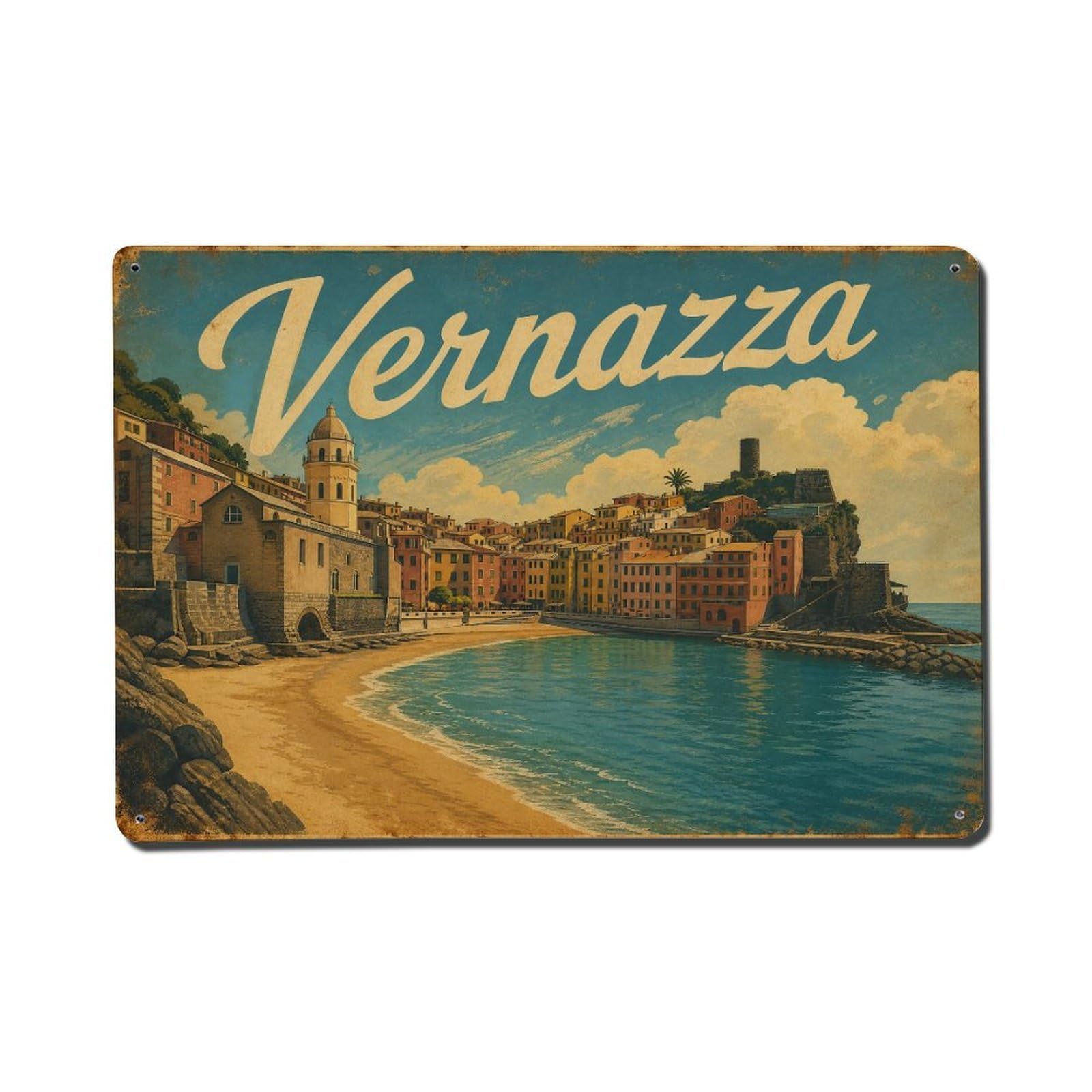 Vintage Travel Vernazza Beach Cove Sandy Shore Italy Metal Tin Sign