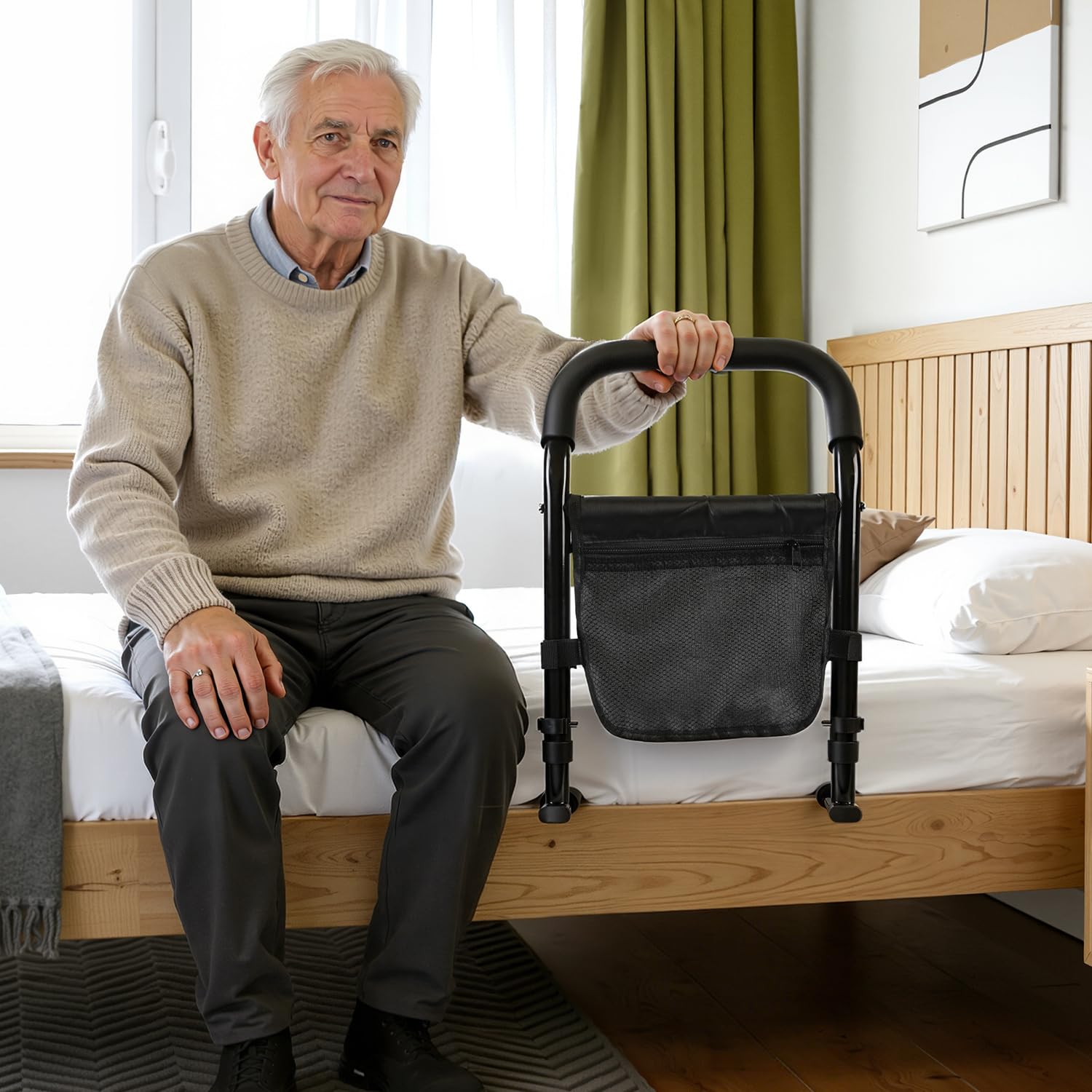 Fiqops Łóżko dla seniorów z uchwytem na telefon komórkowy, regulacja wysokości 40-55 cm, antypoślizgowy uchwyt mocujący do 136 kg, stabilny uchwyt z torbą i paskiem mocującym