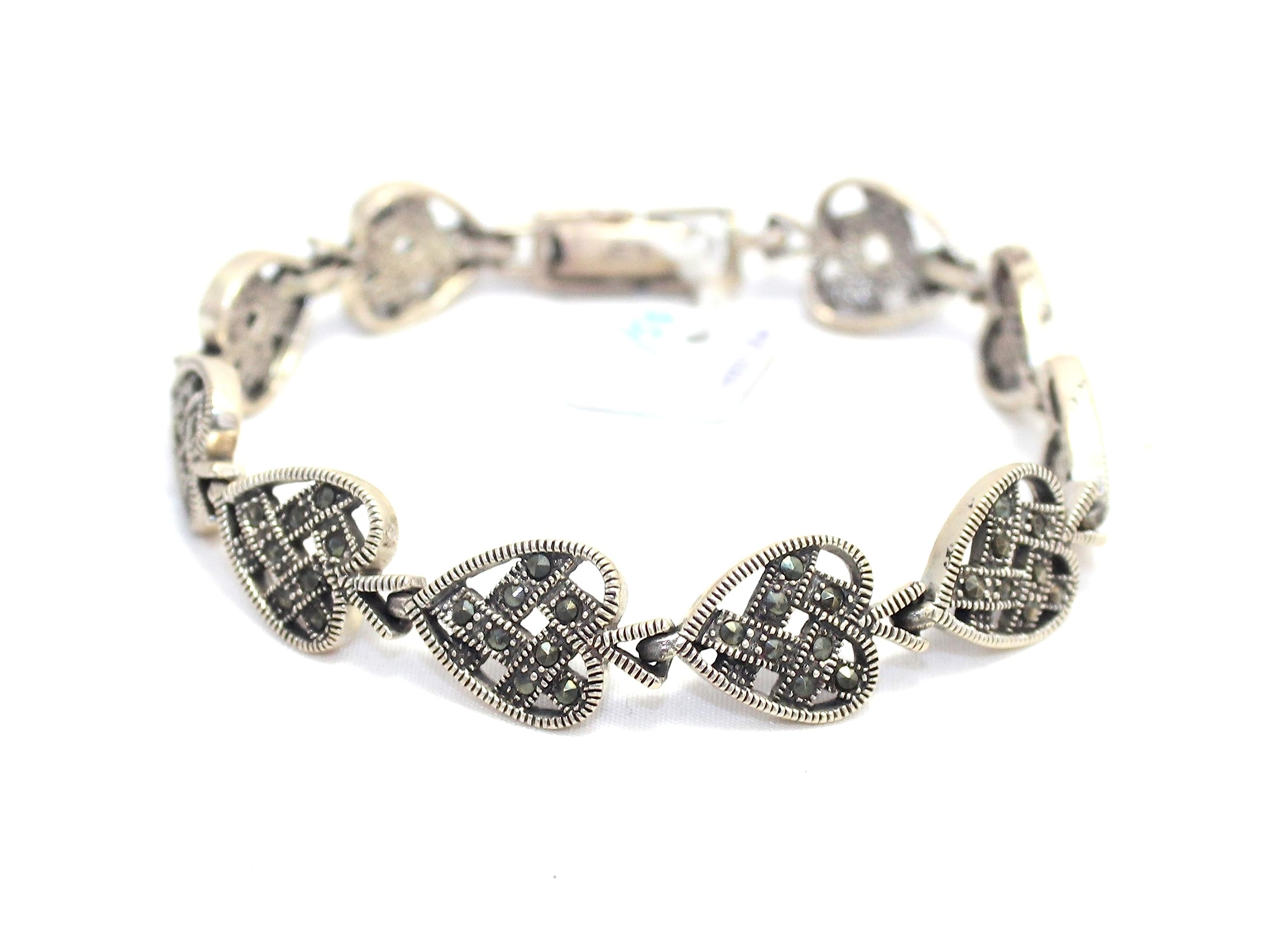 PH Artistic Pulsera de plata de ley 925 con dije de corazón, piedra de marcasita, regalo hecho a mano para mujer, F942