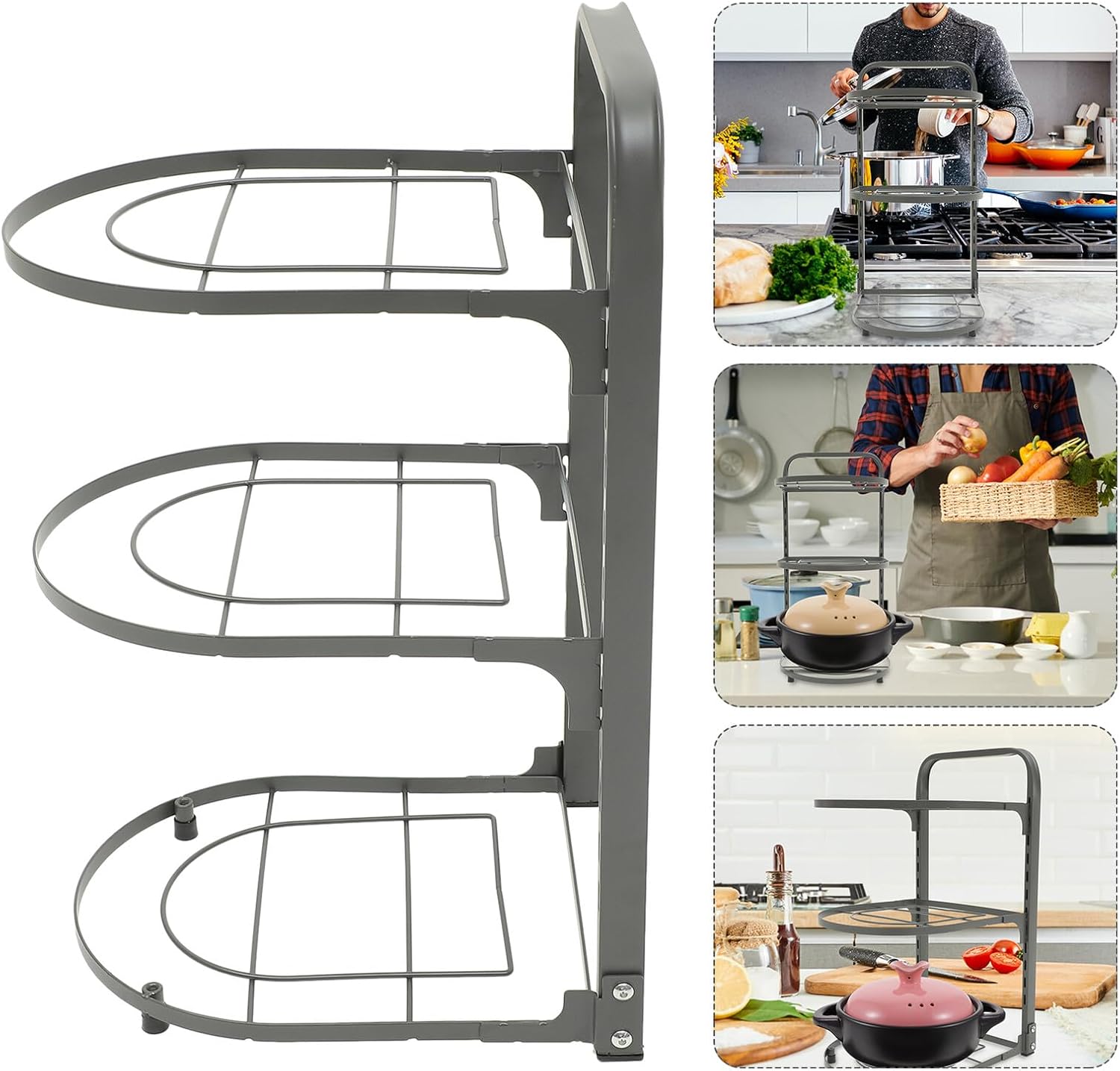 VICASKY Foldable Kitchen Pot Organizer Rack Carbon Steel Pan Storage Shelf for Under Sink Cabinet Multipurpose Pan Holder for Pots Baking Dishes and Spice Bottles Space-saving Gray Desktop