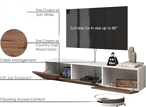 Miniatura 13 de Atelier Mobili - Soporte de TV flotante negro de 65 pulgadas, centro de entretenimiento flotante para TV de 80 pulgadas, gabinete de TV negro, Negro
