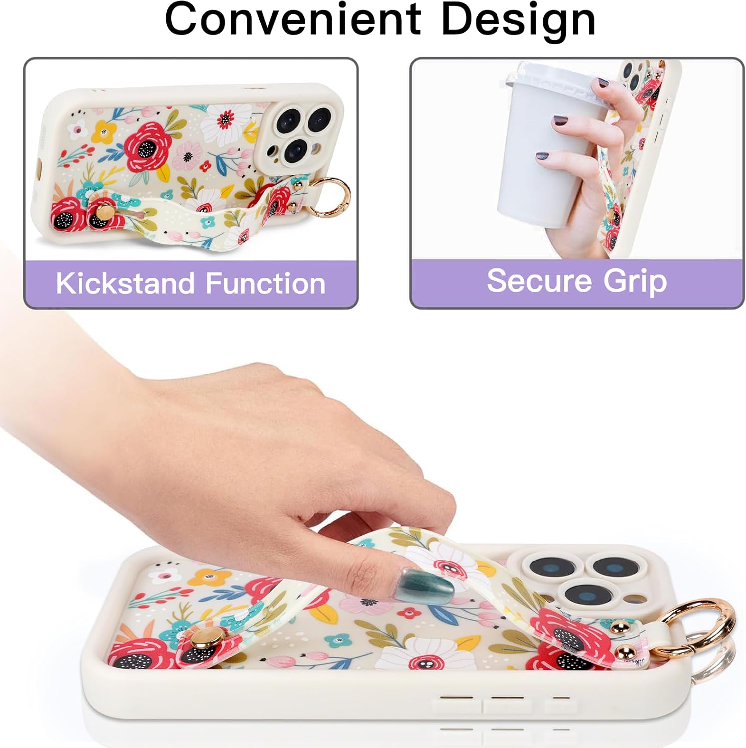 Compatible with iPhone 15 Pro Max Case with Finger Hand Strap for Girls Women, Cute Flowers Floral Phone Case with Wristband Kickstand, Durable Silicone Protective Cover, Blossom - Image 5