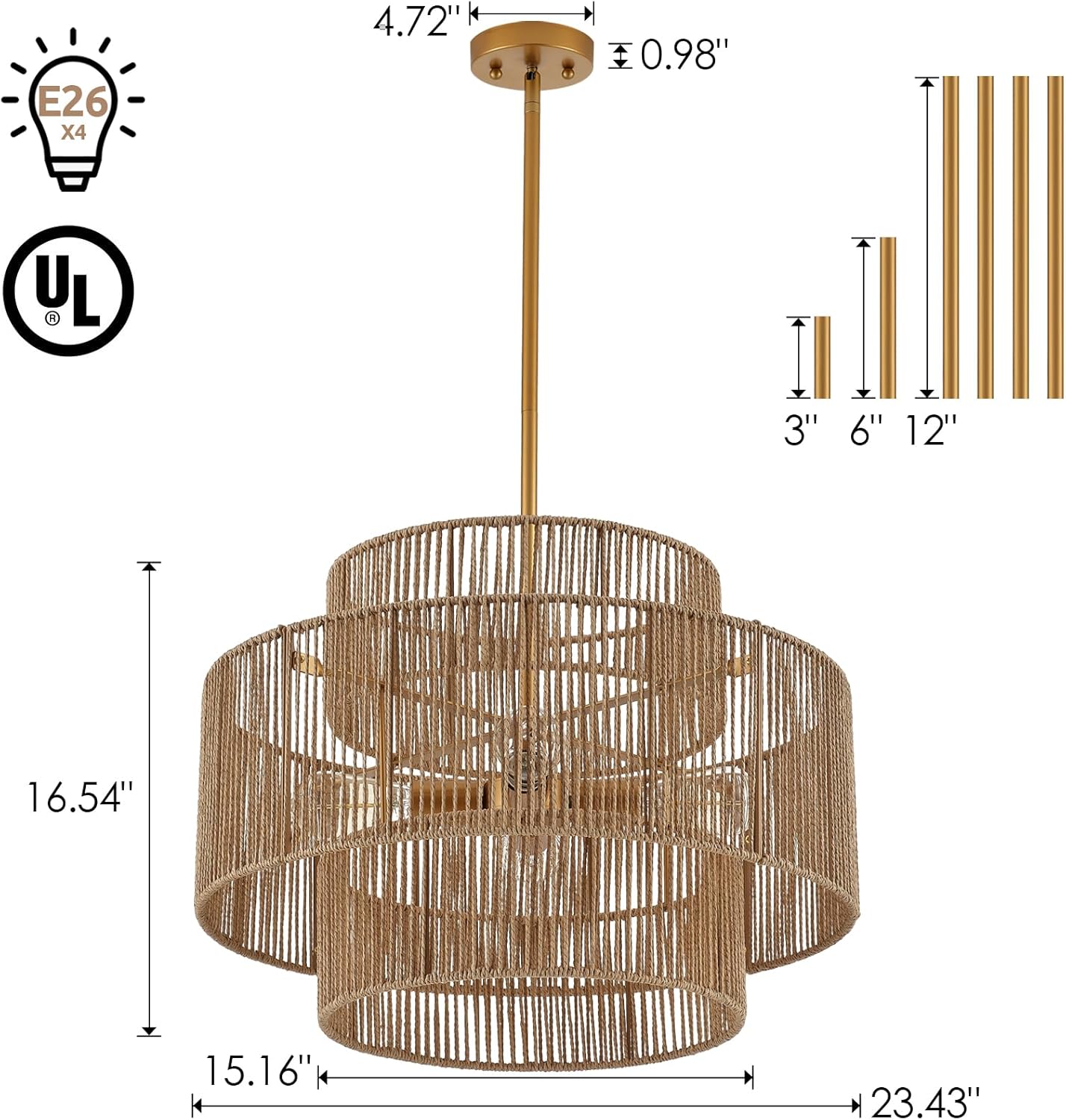 24” Boho Hand Woven Rattan Chandelier 3 Round Adjustable 4-Light Large Pendant Light for Kitchen Island Dining Room Living Room Hallway, Brass, UL Listed