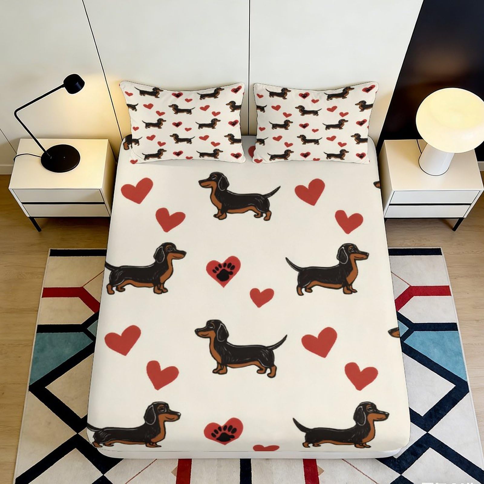 Pnayamiorkfel Style-5 3D Printed Dachshund Heart Fitted Sheet Microfiber Breathable Bed Cover For Bedroom Guest Room Decor Easy Care 90X200x25cm