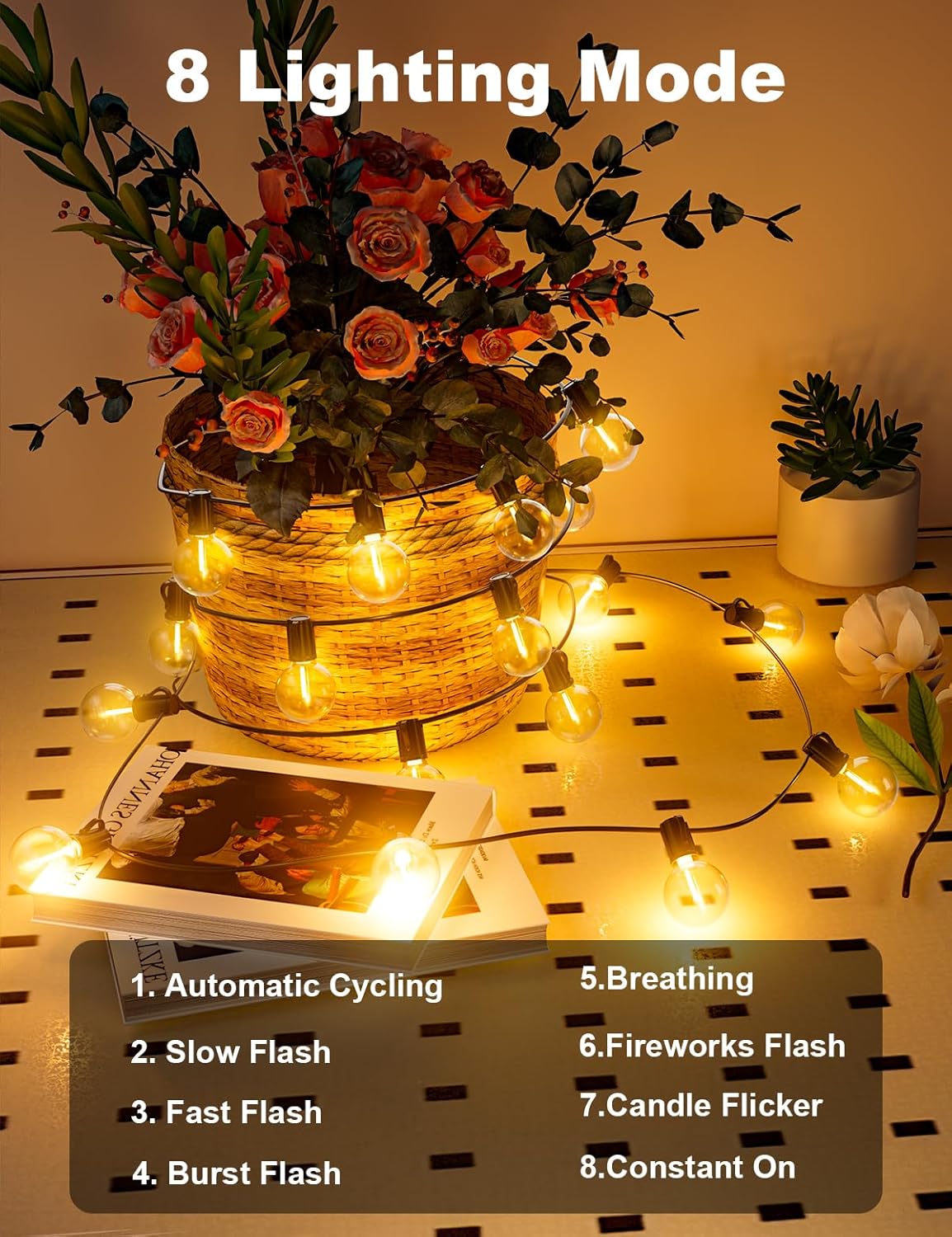 Detalle de las bombillas G40 en guirnalda solar para jardín