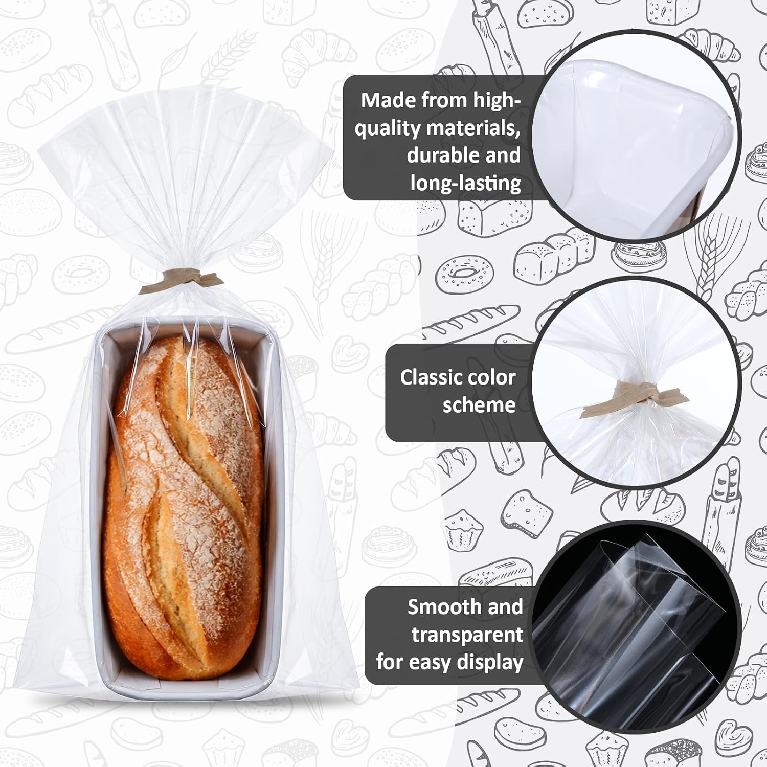 50 Sets Paper Loaf Pans for Baking 6.3 x 2.2 x 2.2 Inch Disposable Paper Baking Pans with Clear Plastic Bags and Kraft Ties Rectangle Cake Mold for Bread Sweets Tea Party (Black Newspaper)