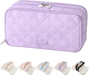 Cute Pencil Case for Girls kids Soft Quilted Pencil Pouch Bag Organizer | With 3 Compartments,Big Capacity Marker Crayon Storage Bag Large Double Zipper Art Bag For Kids School College Boys Women