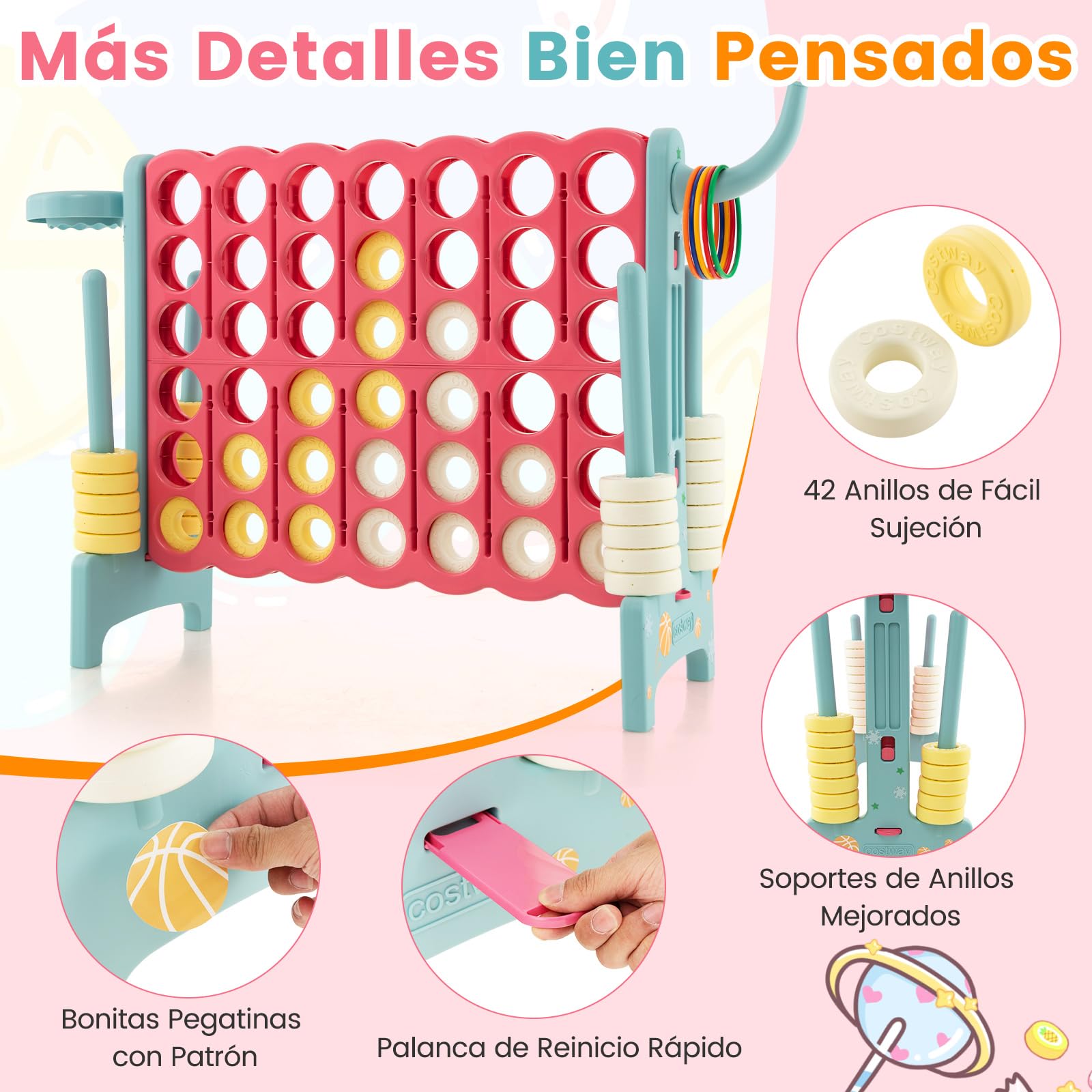 COSTWAY Conecta 4 Gigante, Mega 4 para Niños y Adultos, Juego de Exterior 74 cm con Canasta y Juego de Lanzamiento de Anillos, 42 Piezas Gigantes con Pegitinas y Boloncesto (Rojo y Azul)