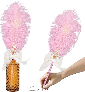 Vijiv Ostrich Feather Pen Quill Ballpoint Pen, Refillable Wedding Pens for Guest Book Signing, Luxury Nikah Fancy Pens for 1920s Great Gatsby Accessories Party Favor Supplies Pink