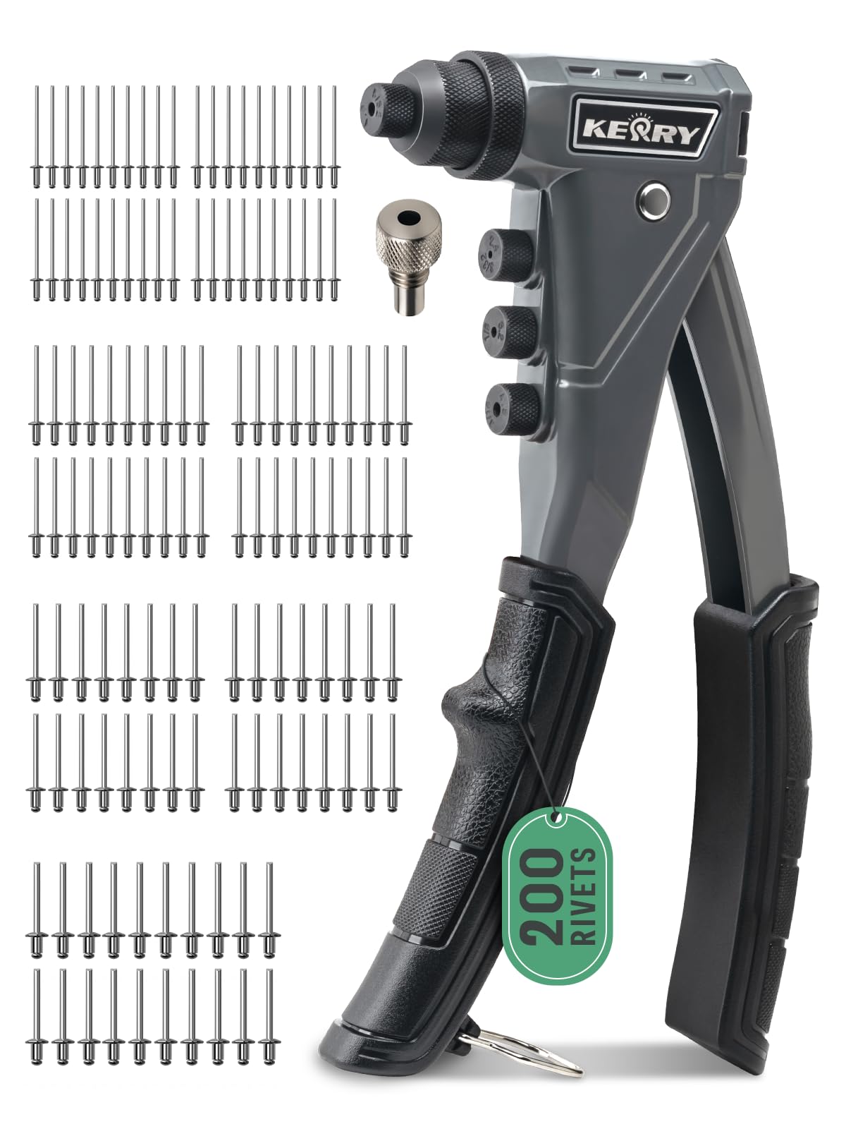 Kerry Rivettatrice con una sola mano, 3/32" 1/8" 5/32" 3/16" Pop Rivettatrice Set Rivettatrice Manuale con Manico Esteso da 24,4 cm, 200 Rivetti, 4 Testine Intercambiabili Senza Utensili, Rivettatrice